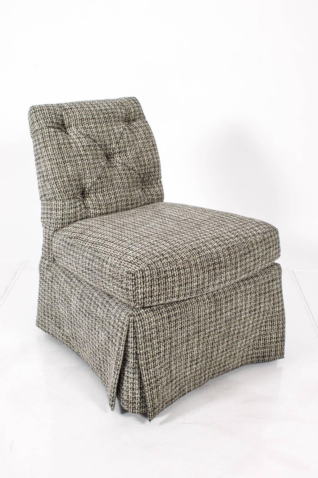 Baker slipper chair with tufted back and loose cushion. Black and white tweed upholstery.