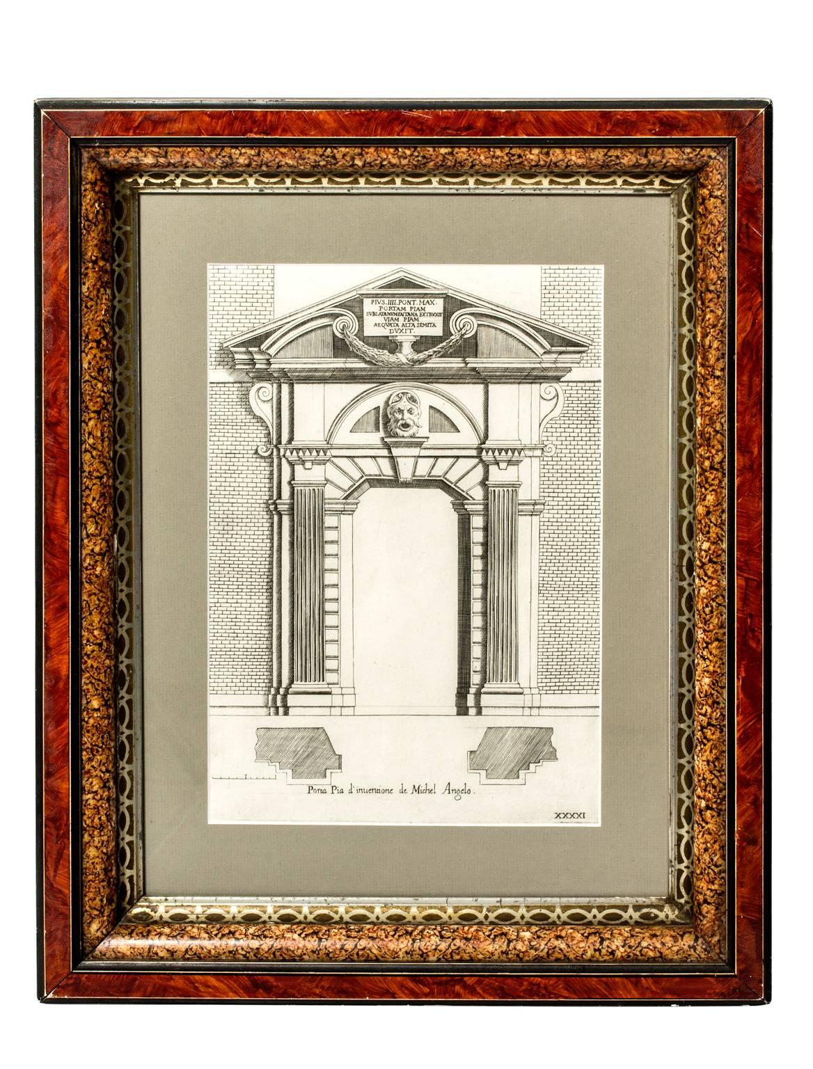 19th century pair of architectural engravings in faux marble frames.