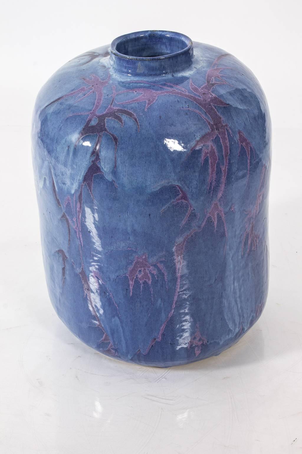 Large pottery vase in blue and purple drip glaze, circa 20th century. Signed, 