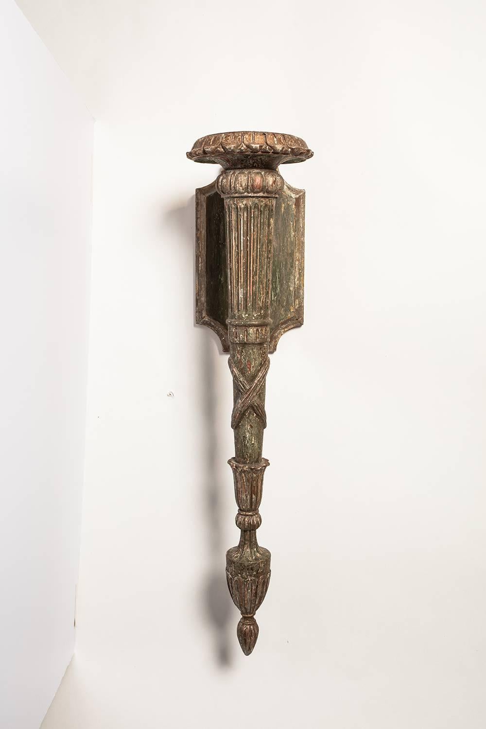 Pair of antique Italian polychrome carved wooden sconces.
      
