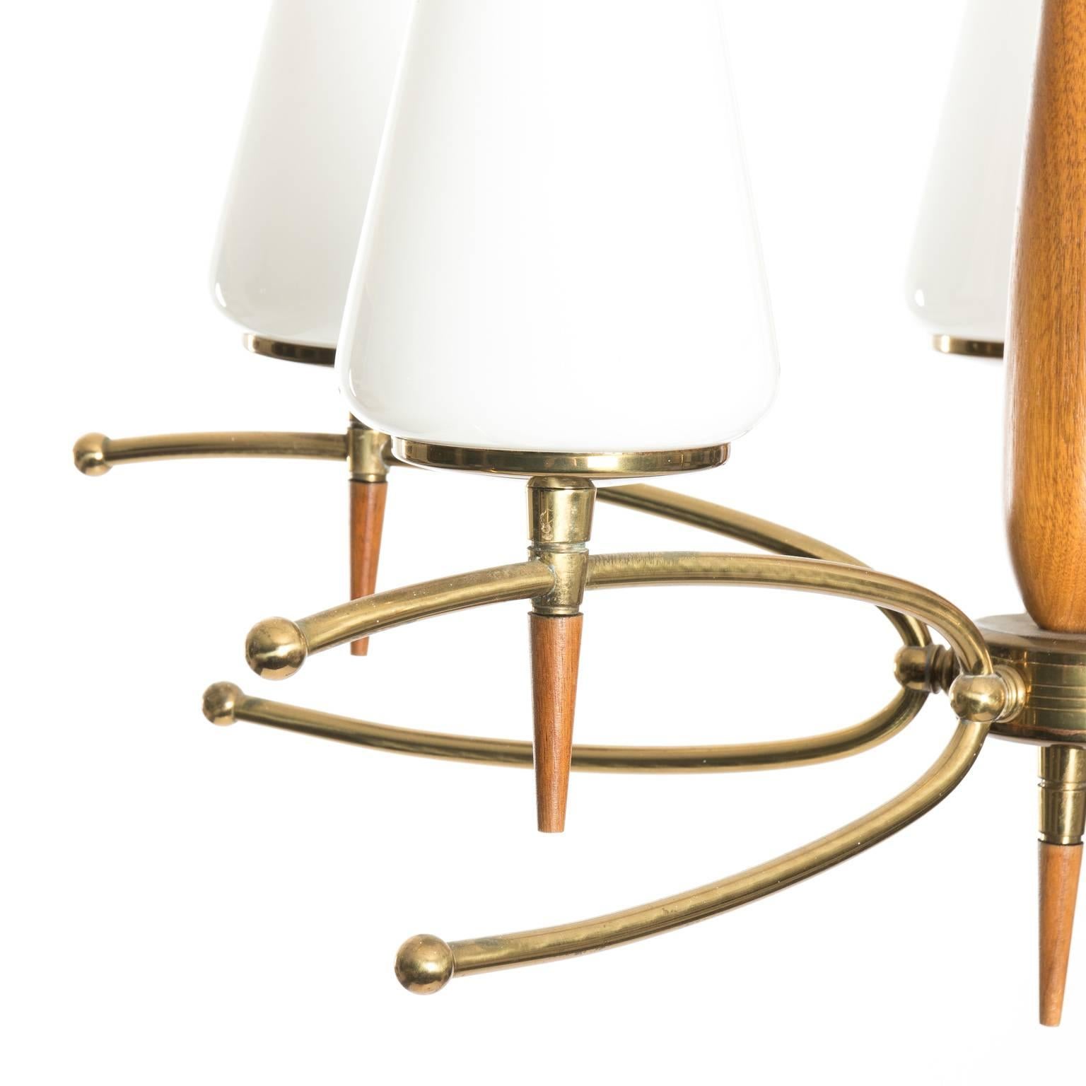 Danish Mid-Century Modern five-light fixture with frosted glass shades and brass accents.
  