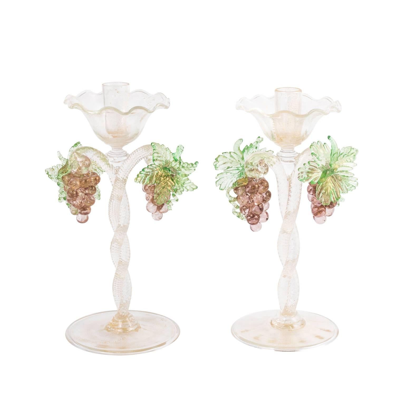 Pair of Murano Grape Design Candlesticks Barovier E'Toso Design