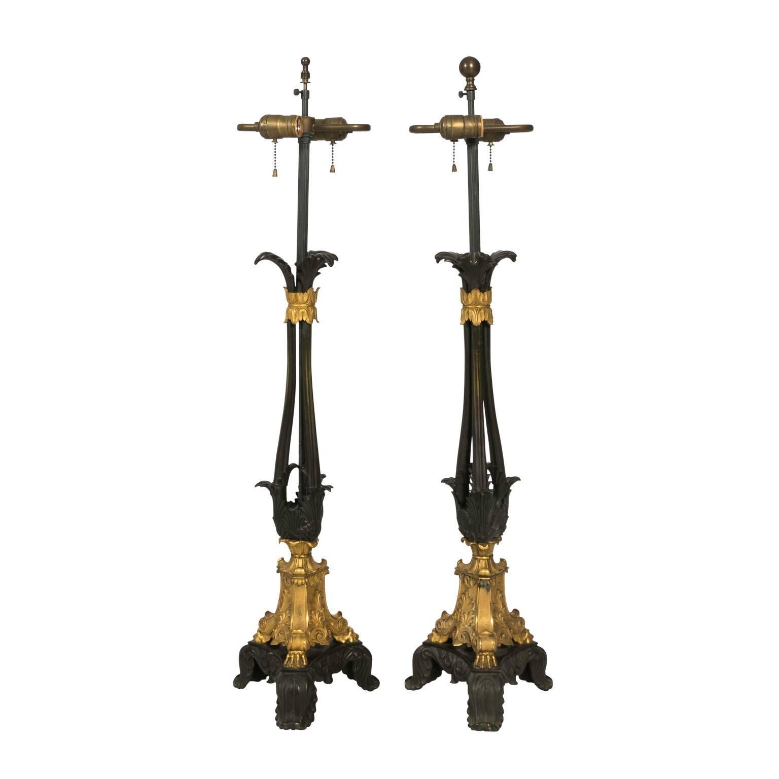 Pair of French Bronze and Gilt Lamps