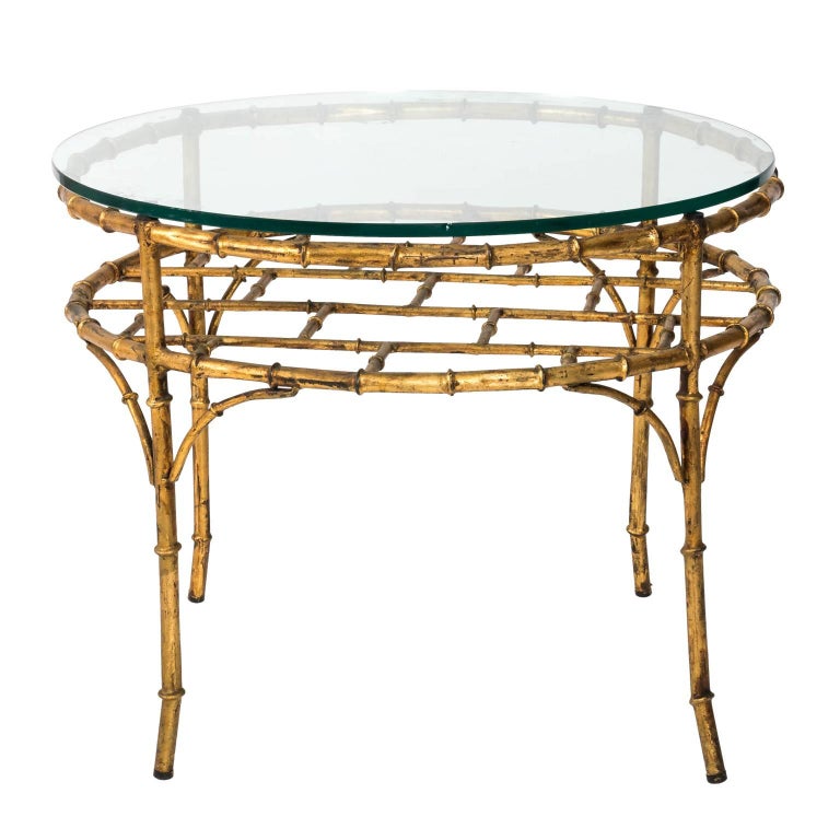 A Midcentury Faux Bamboo Gilded Metal Coffee Table with Bracket