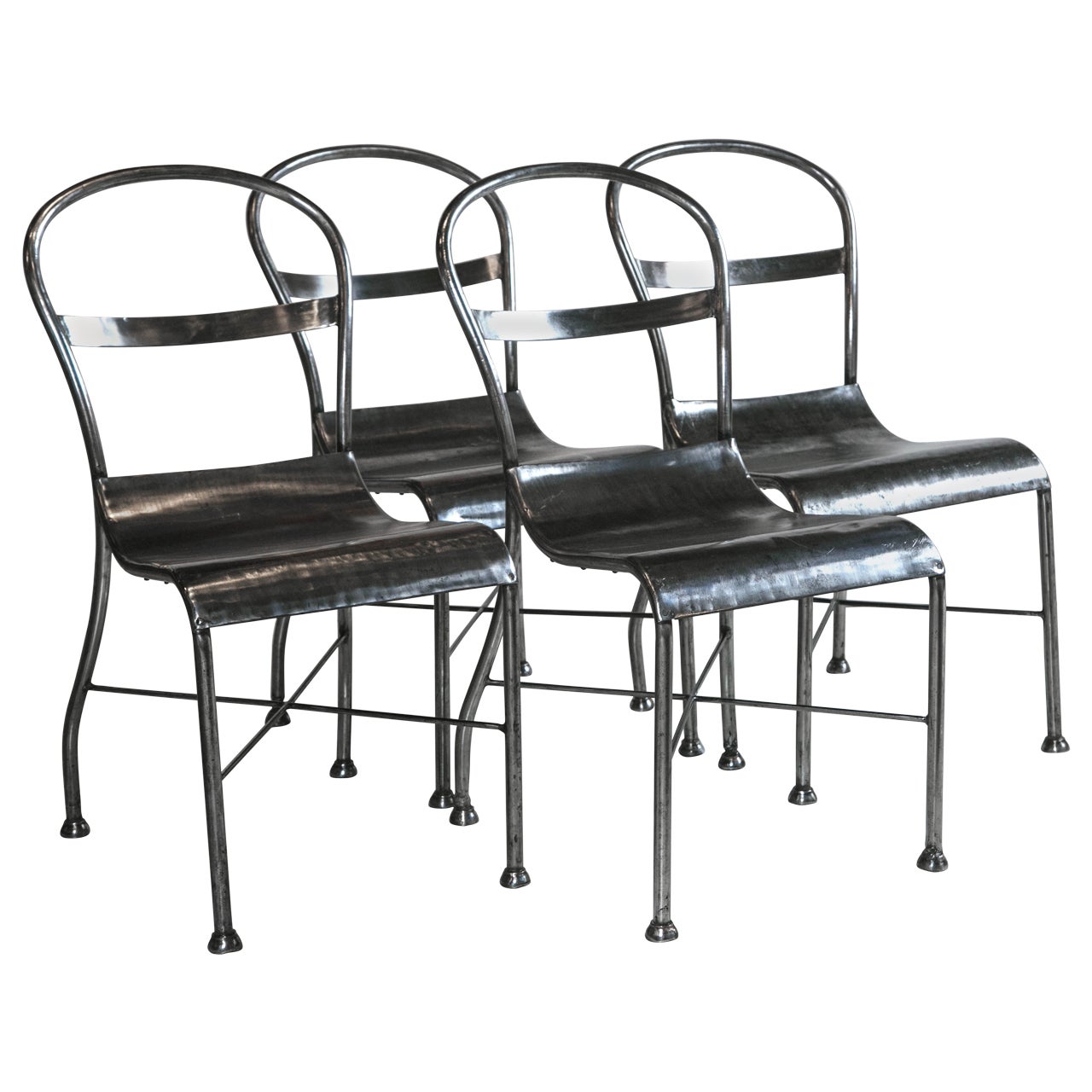 Rare Set of Four French Steel Cafe Chairs