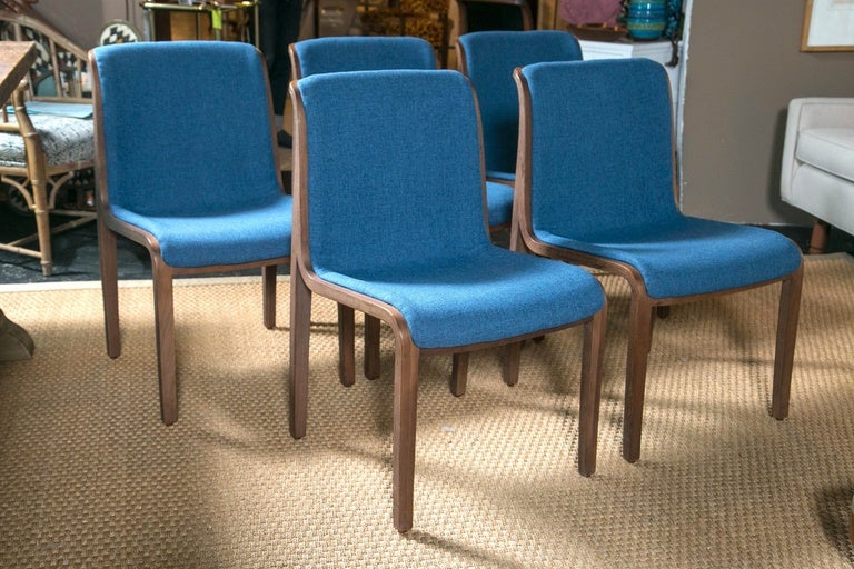 Set of ten Mid-Century chairs designed by Bill Stephens for Knoll, reupholstered in blue fabric, bentwood laminated oak frames.