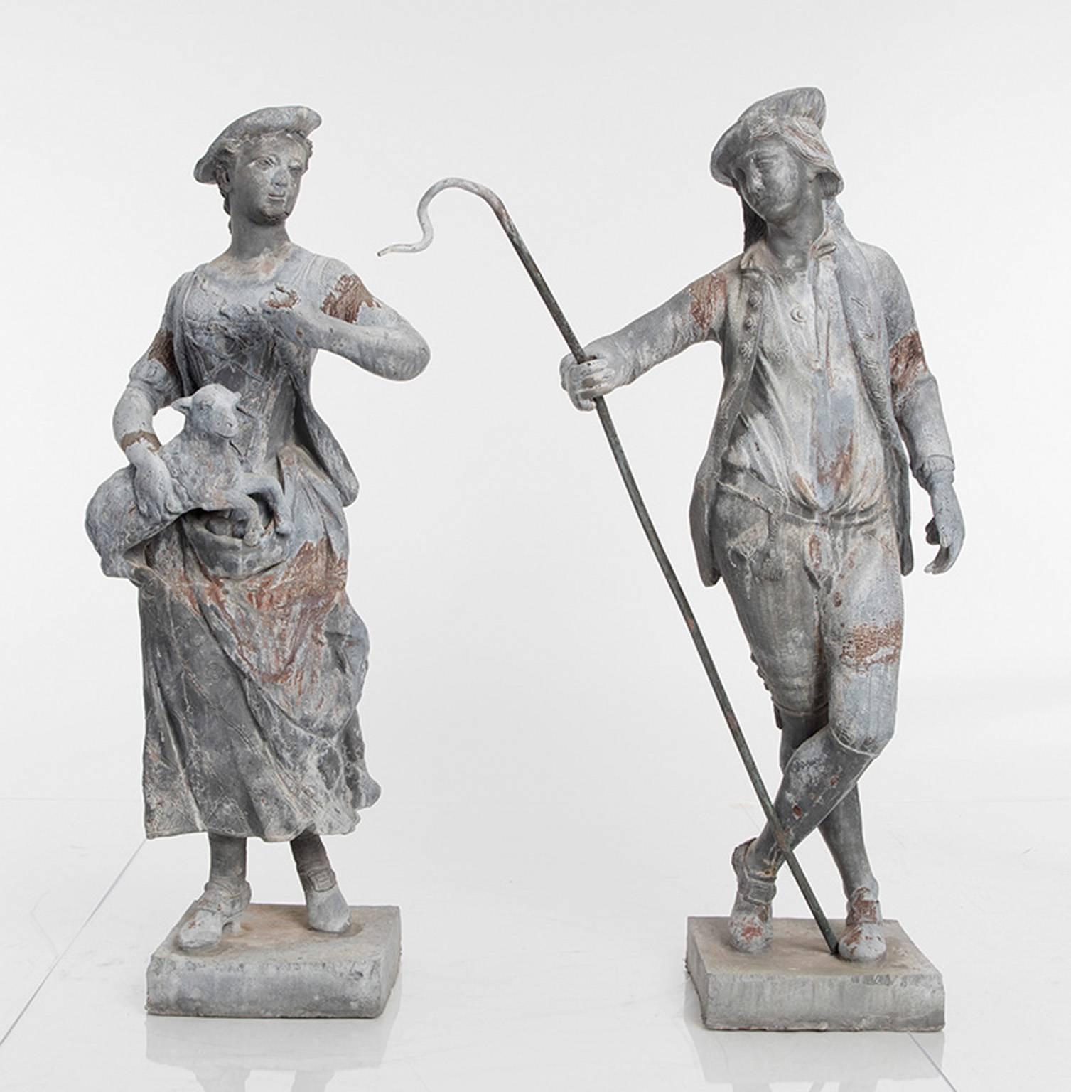 Shepherd and Shepherdess Garden Statues In Good Condition For Sale In Stamford, CT