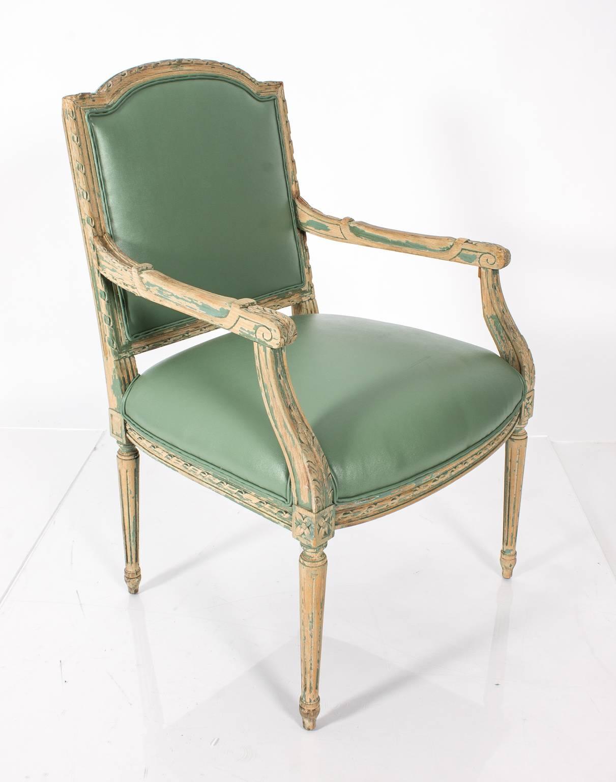 French Provincial Pair of Mint Green Leather Chairs