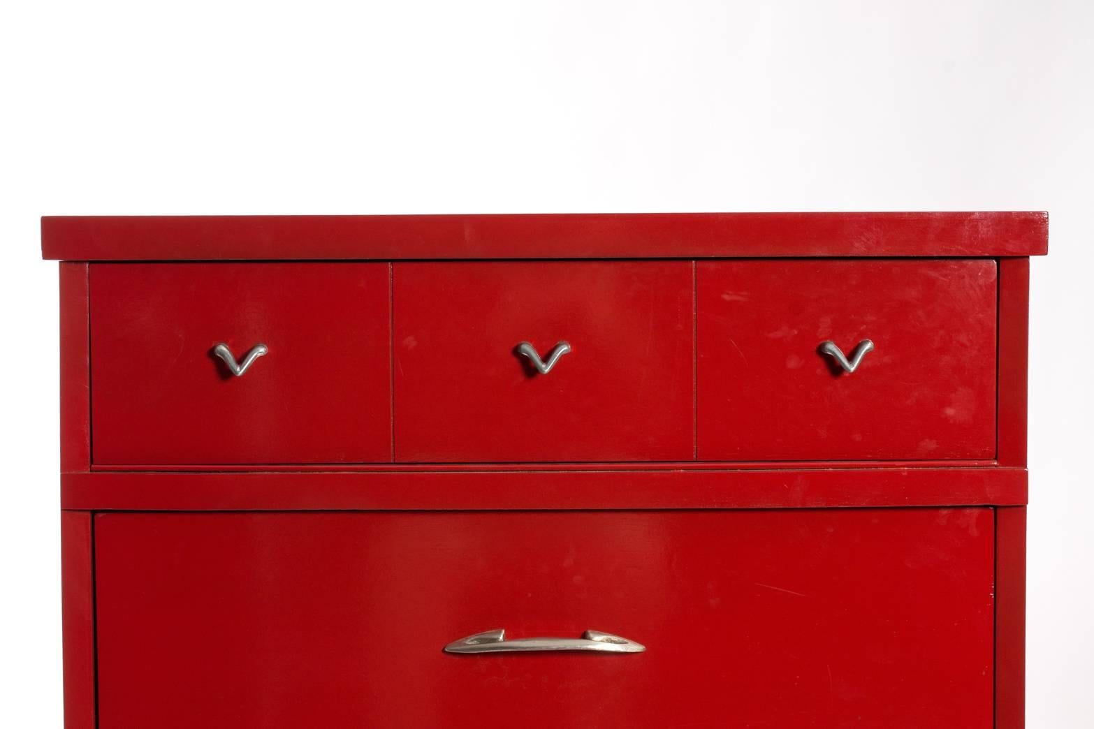 Red lacquered Mid-Century Modern chest.