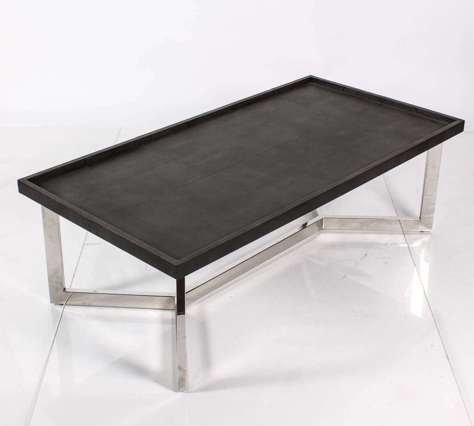 Large faux shagreen coffee table on a nickel base.