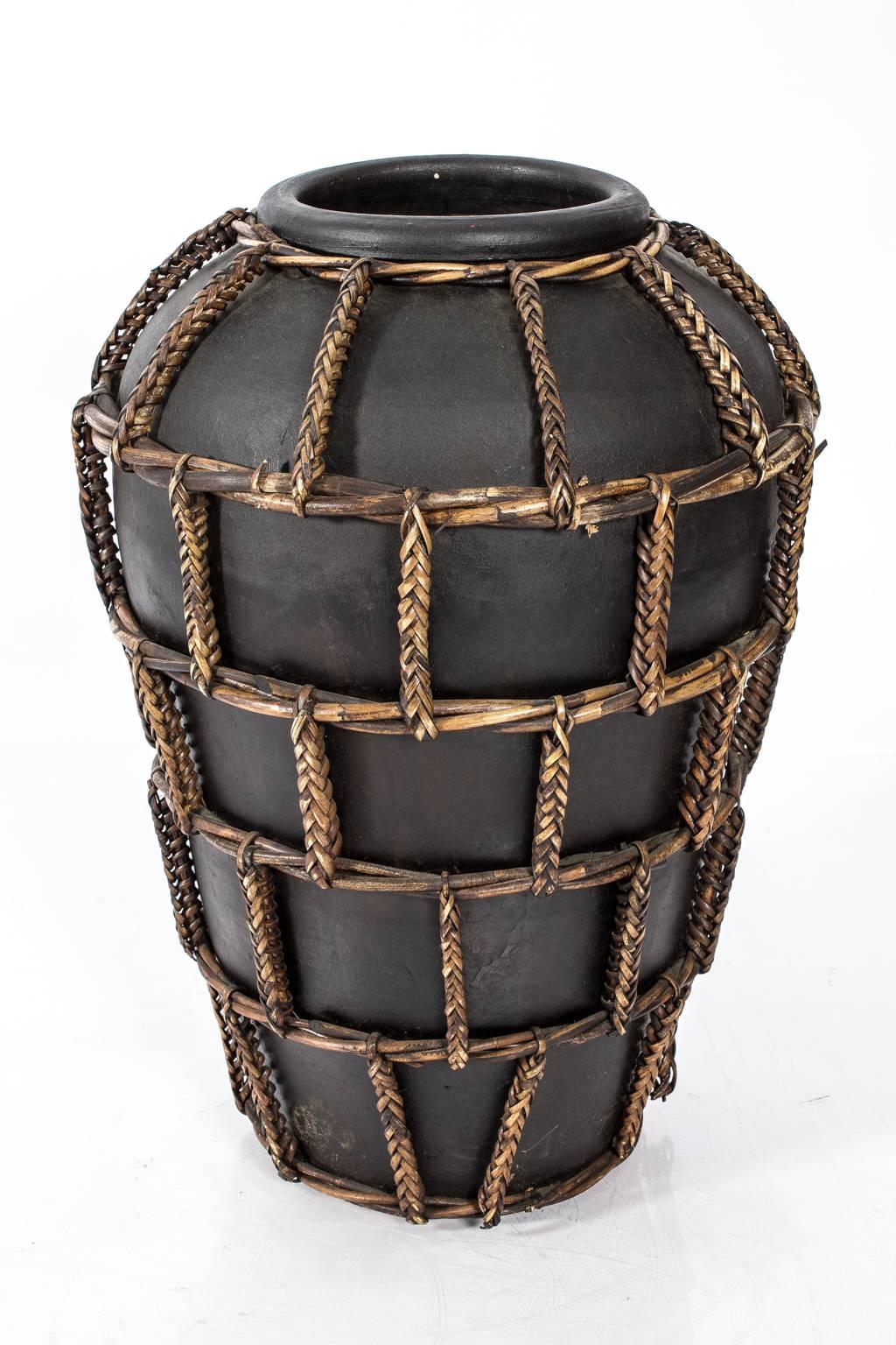 Terra Cotta Urn with Rattan Overlay In Good Condition In Stamford, CT