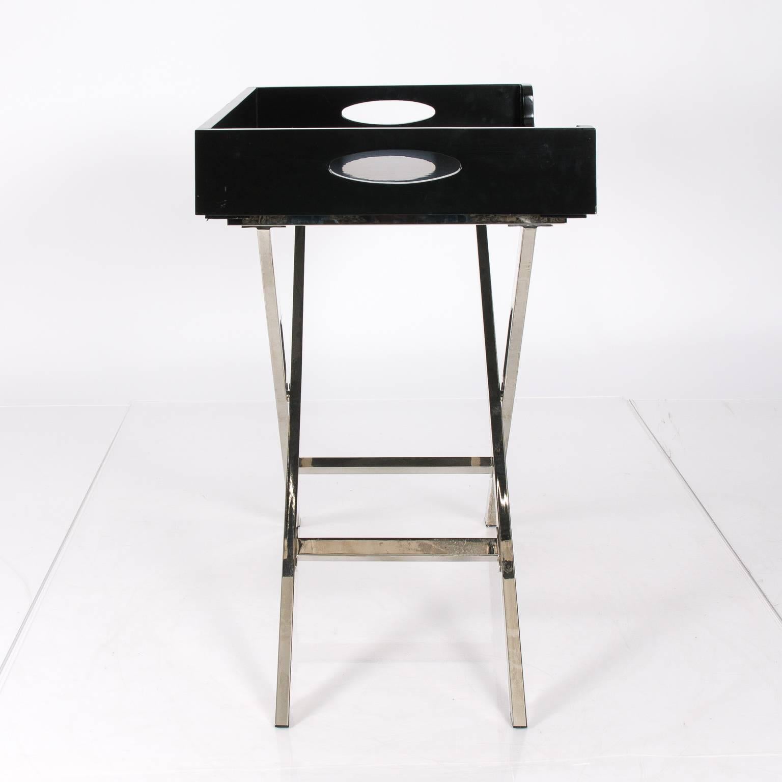 Contemporary X-base chrome and painted wood bar table.