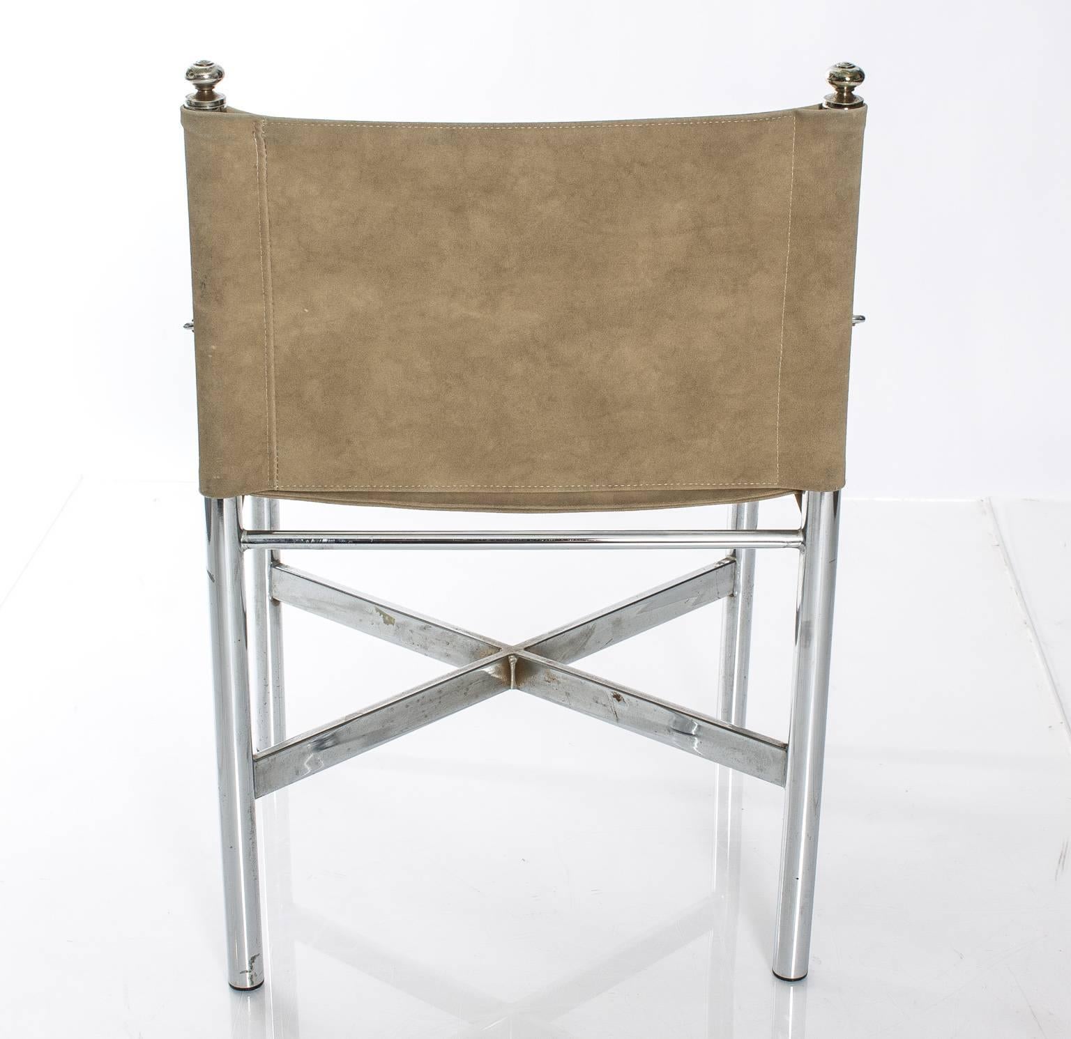 Faux Suede, Chrome, and Brass Chairs For Sale 2