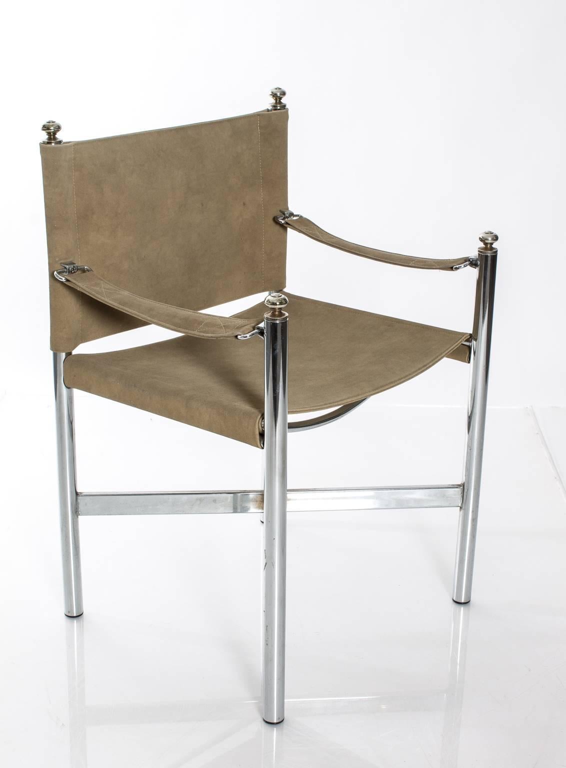 Mid-Century Modern Faux Suede, Chrome, and Brass Chairs For Sale