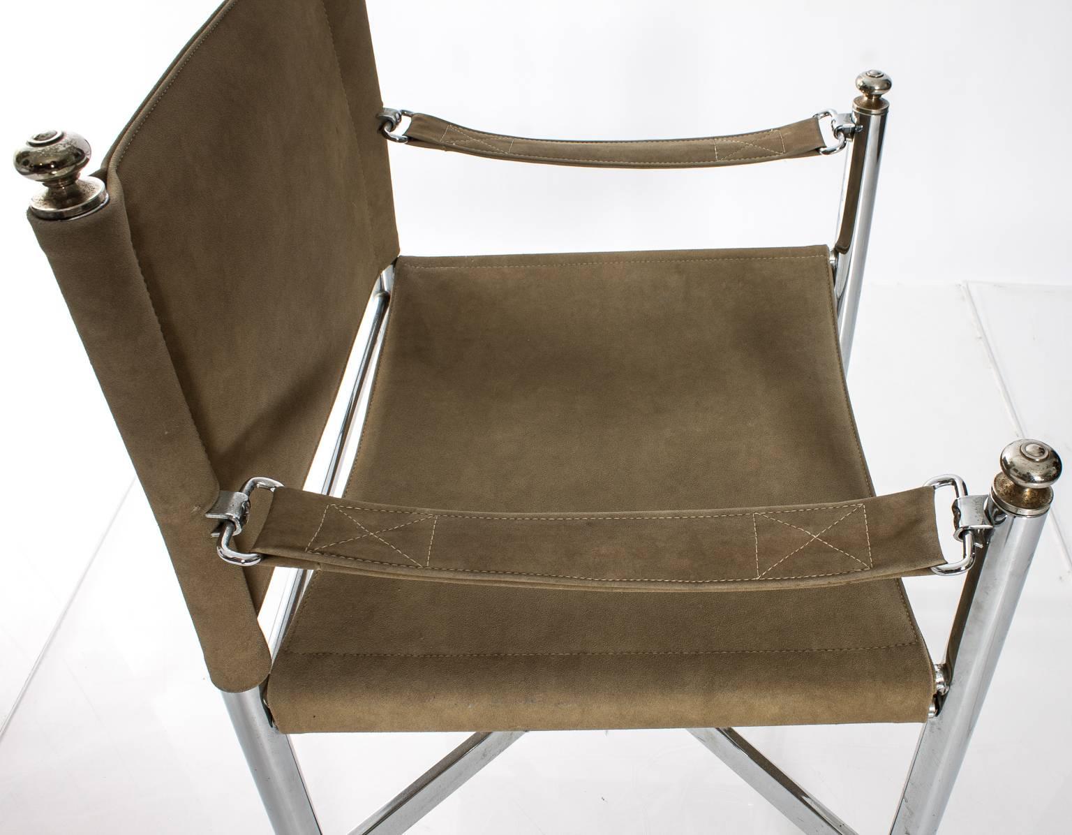 Faux Suede, Chrome, and Brass Chairs For Sale 1