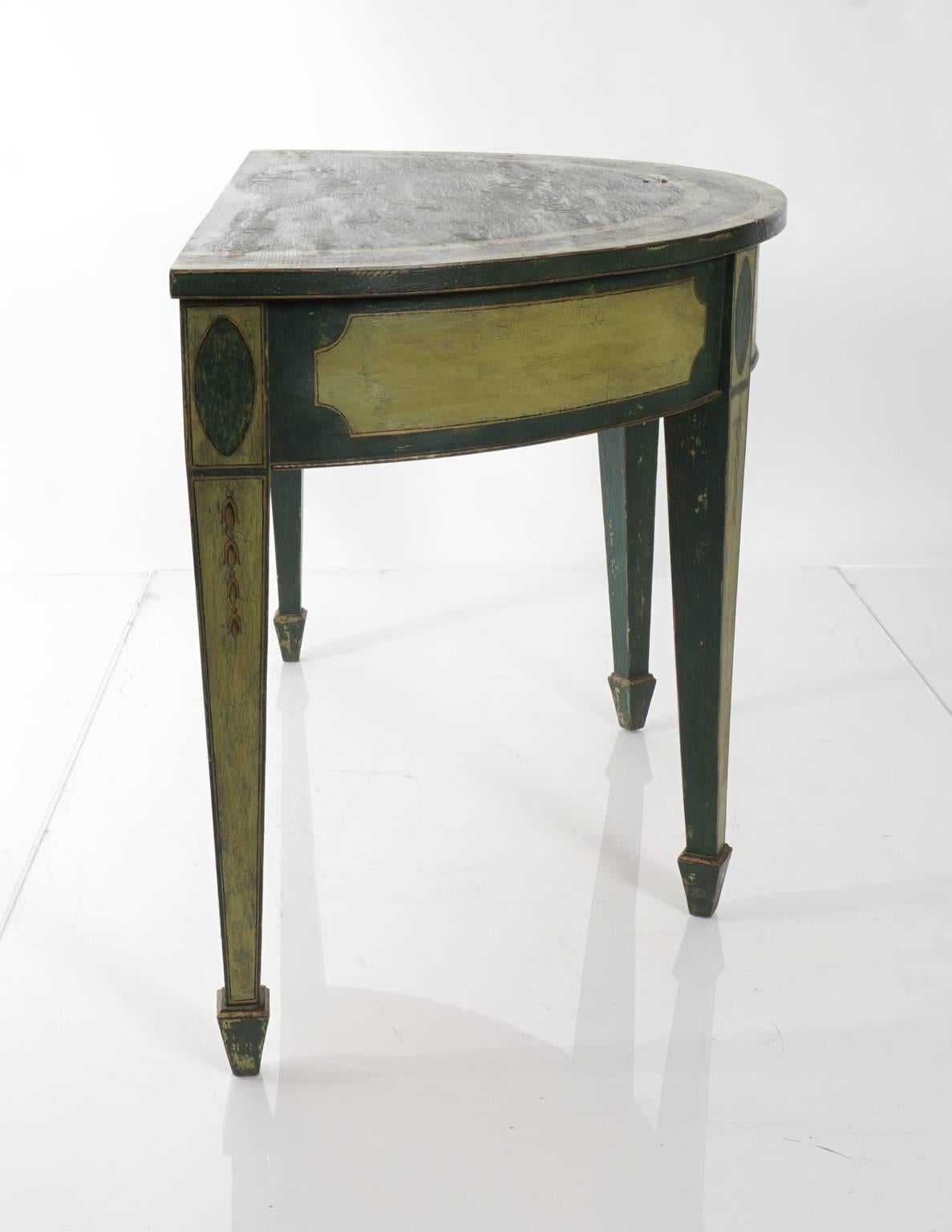 Early 20th century, Adam's style demilune table. Painted green.