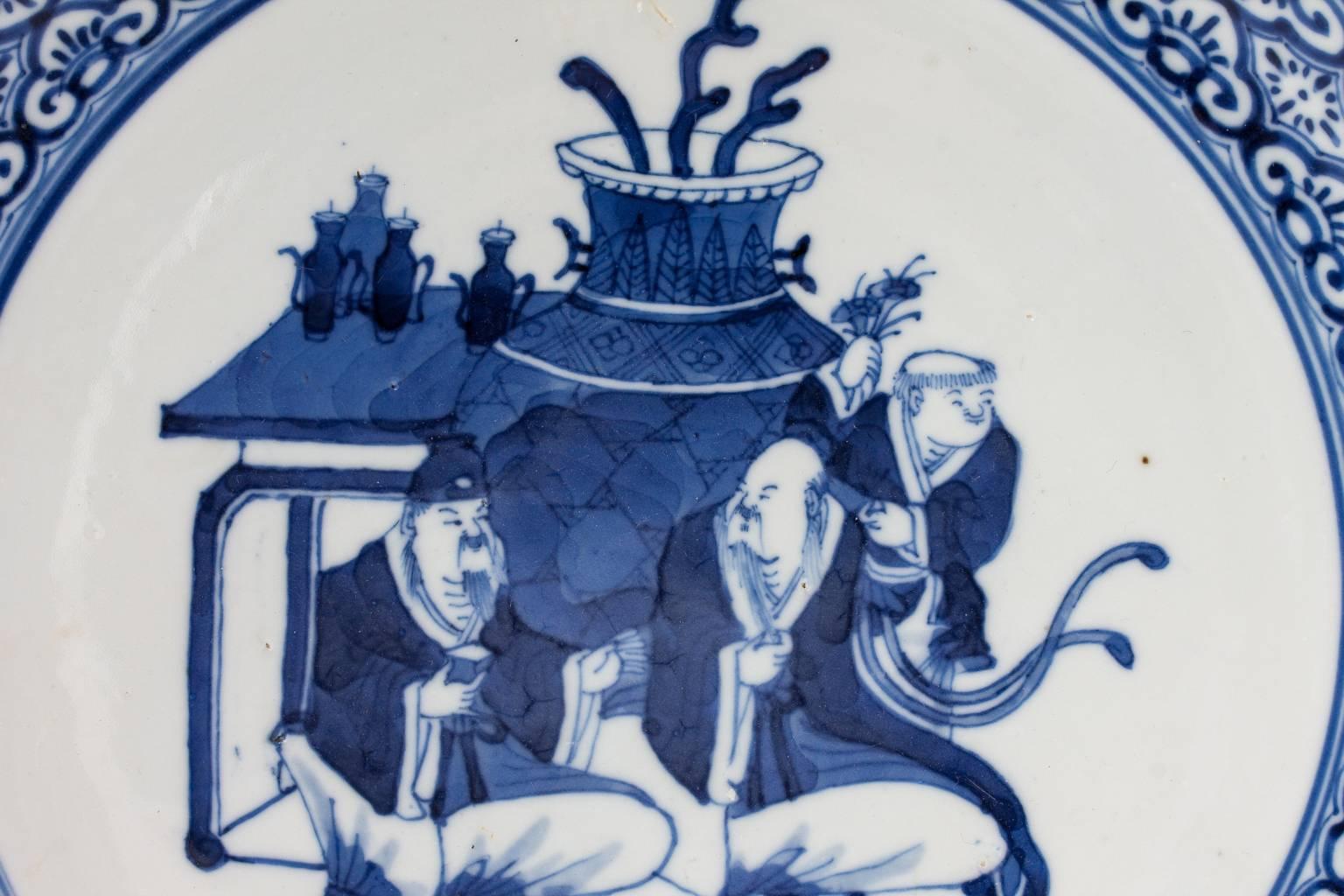 Glazed Antique Blue and White Chinese Plate For Sale