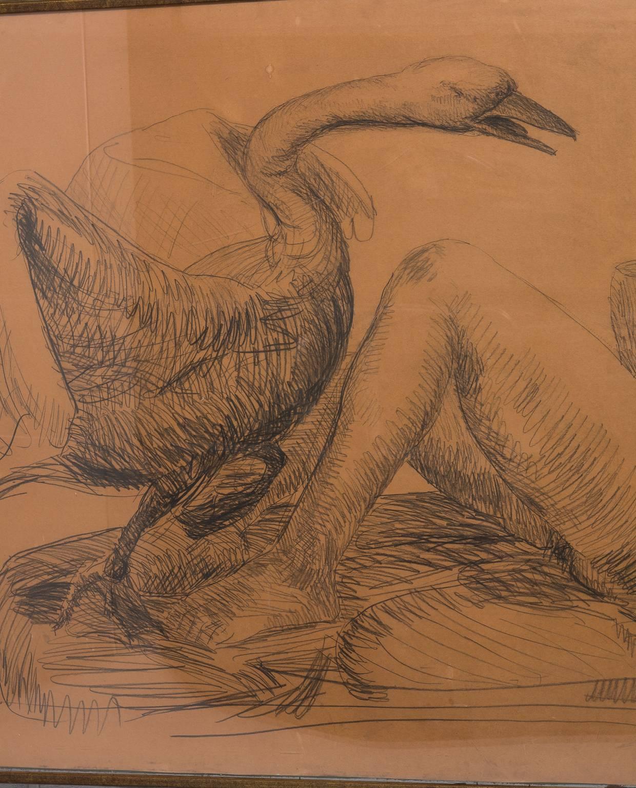 Large Pencil Drawing of Leda and the Swan In Good Condition In Stamford, CT