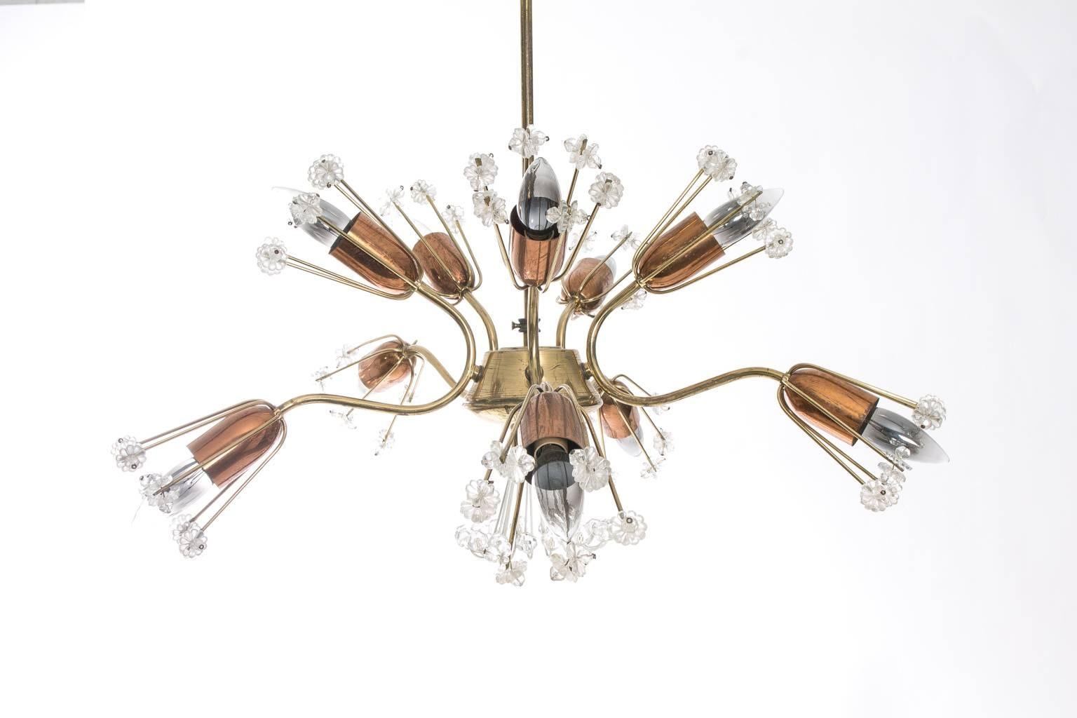 Emil Stejnar ten-arm copper, brass, and crystal chandelier. Electrified.