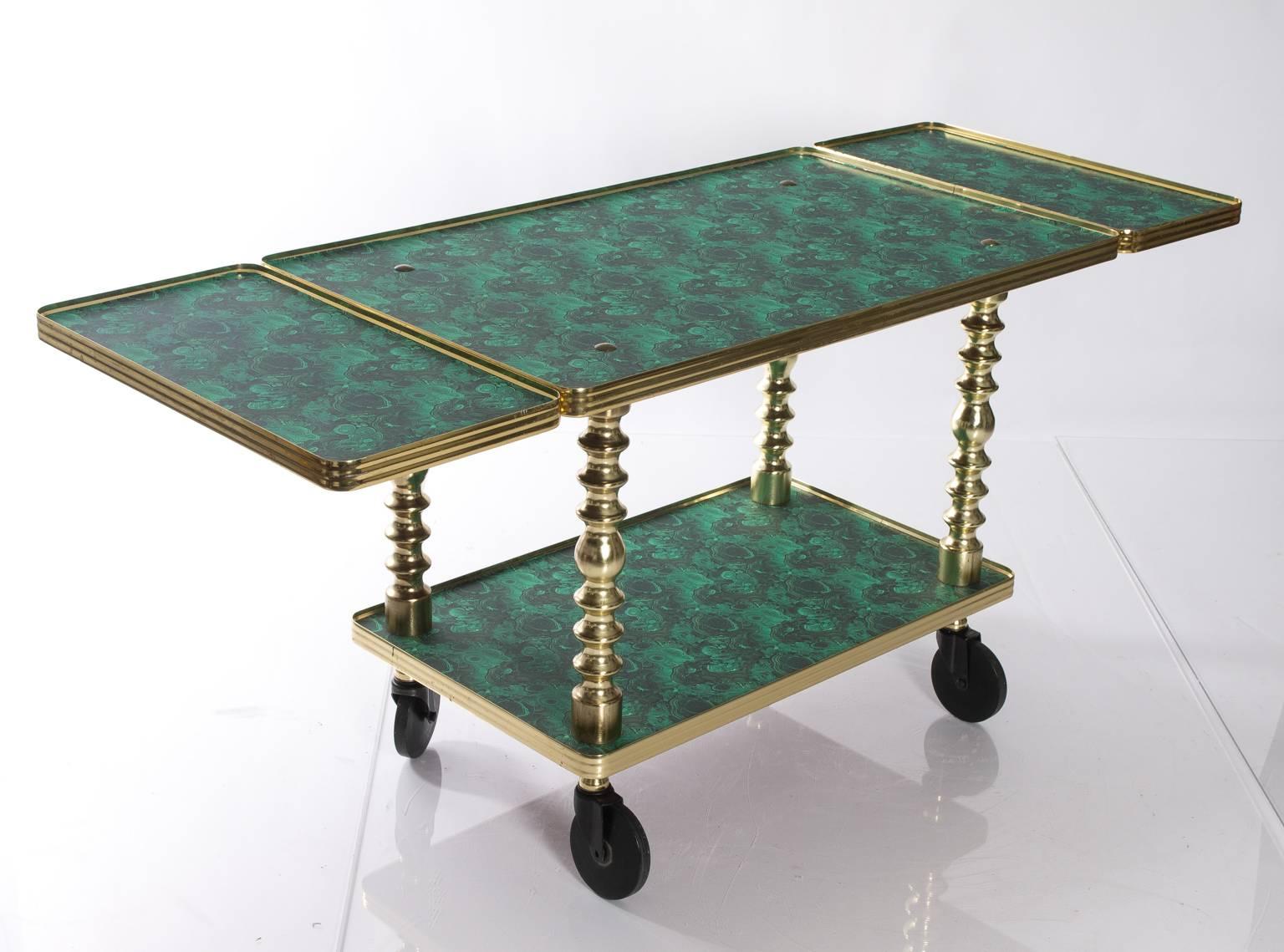 Mid-Century refurbished faux malachite bar cart, circa 1970.