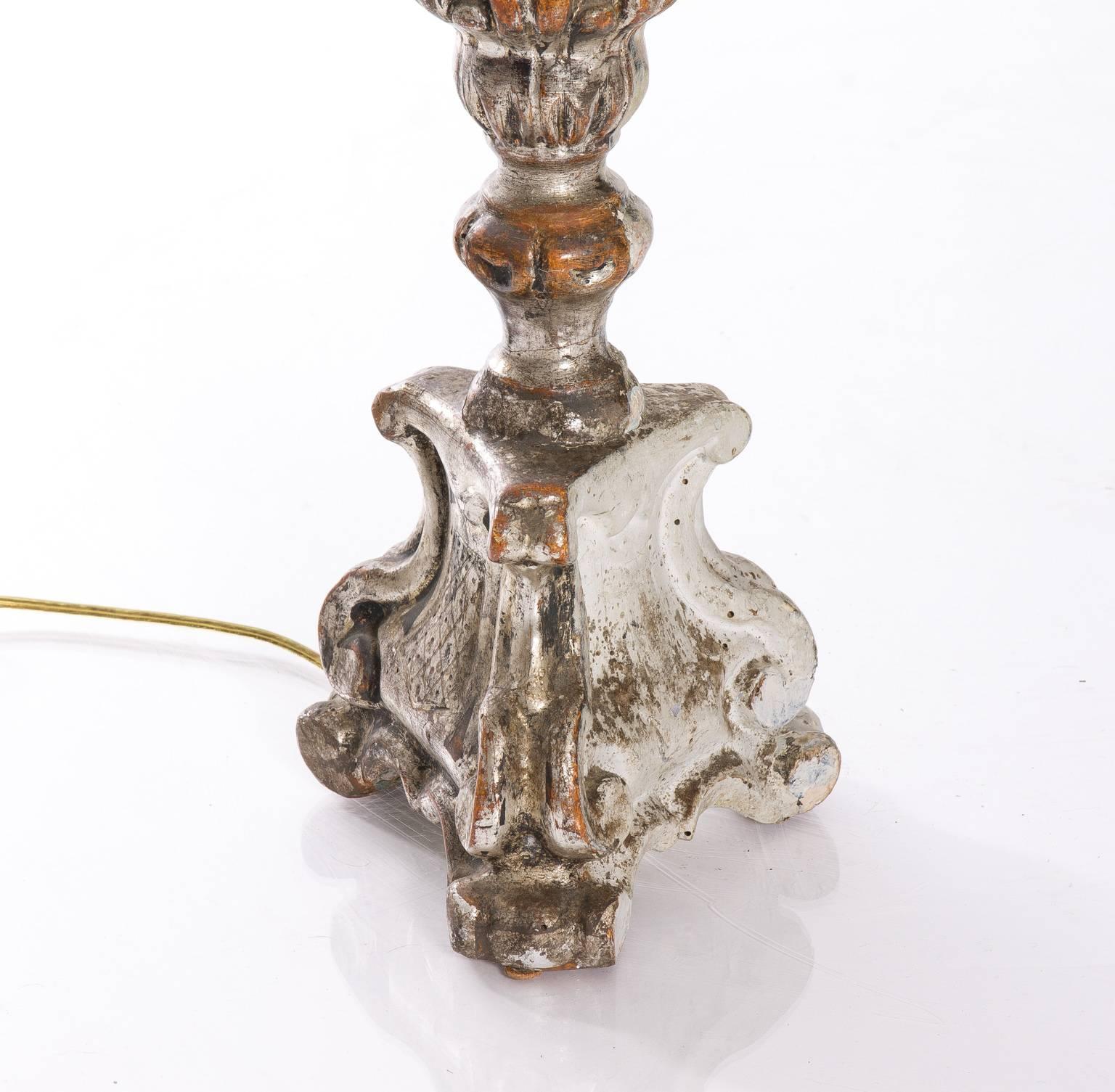 Italian Silver Giltwood Candlestick Lamps