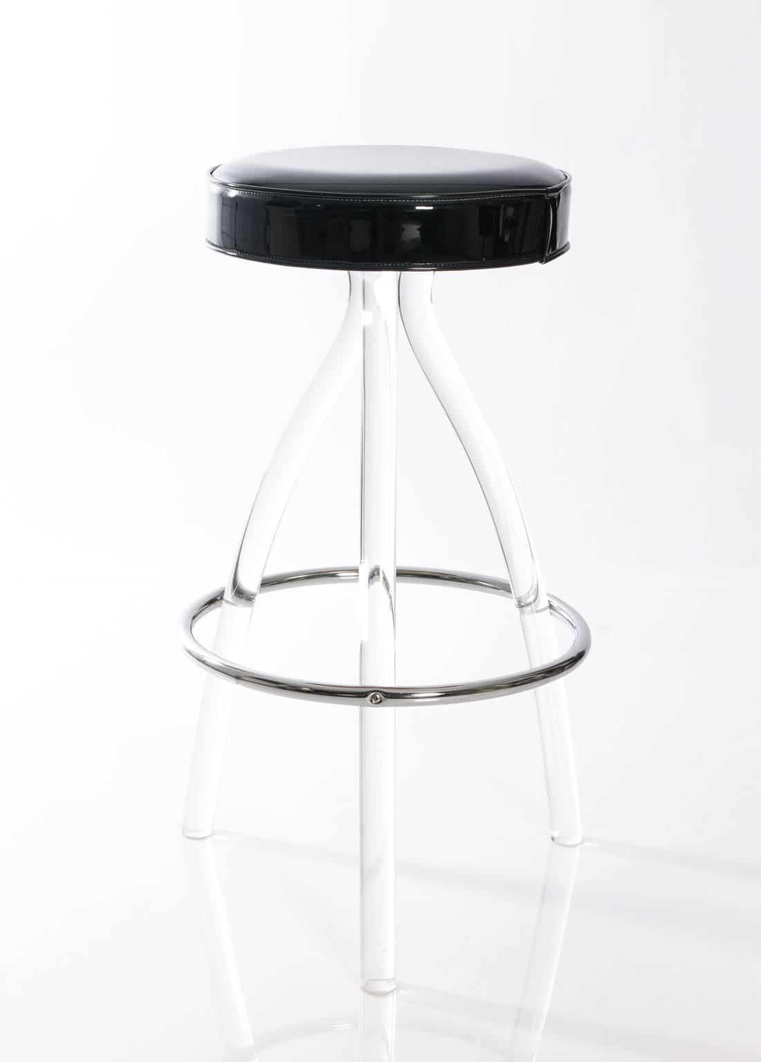 Pair of Lucite and patent leather bar stools.
  