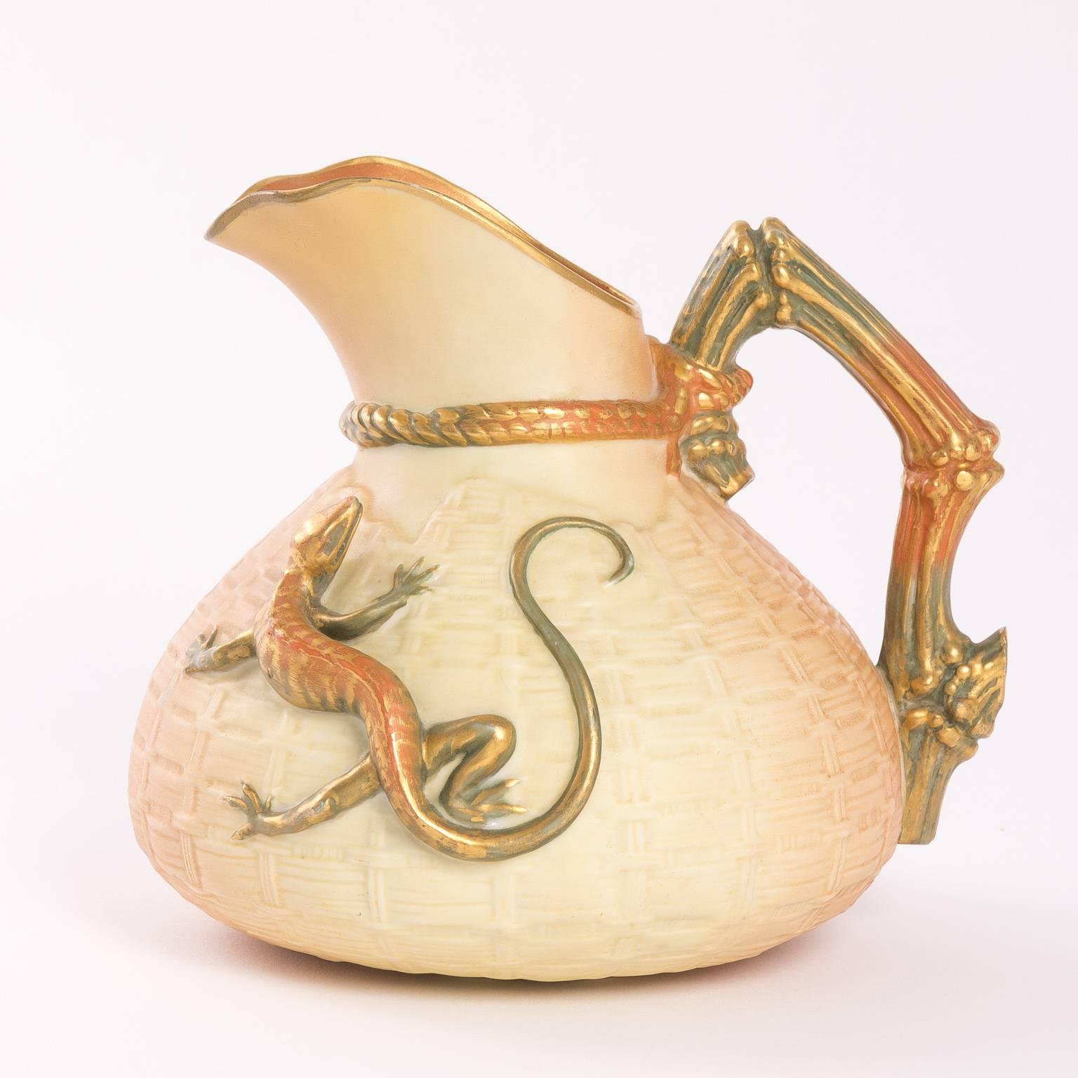 Tall basket weave pattern pitcher with lizard in high relief, circa 1907, England, porcelain
Period: 1890-1920
Styles: Art Nouveau
Materials: Porcelain
Share:
Tear Sheet:
Add to favorites
Add to cart.
  