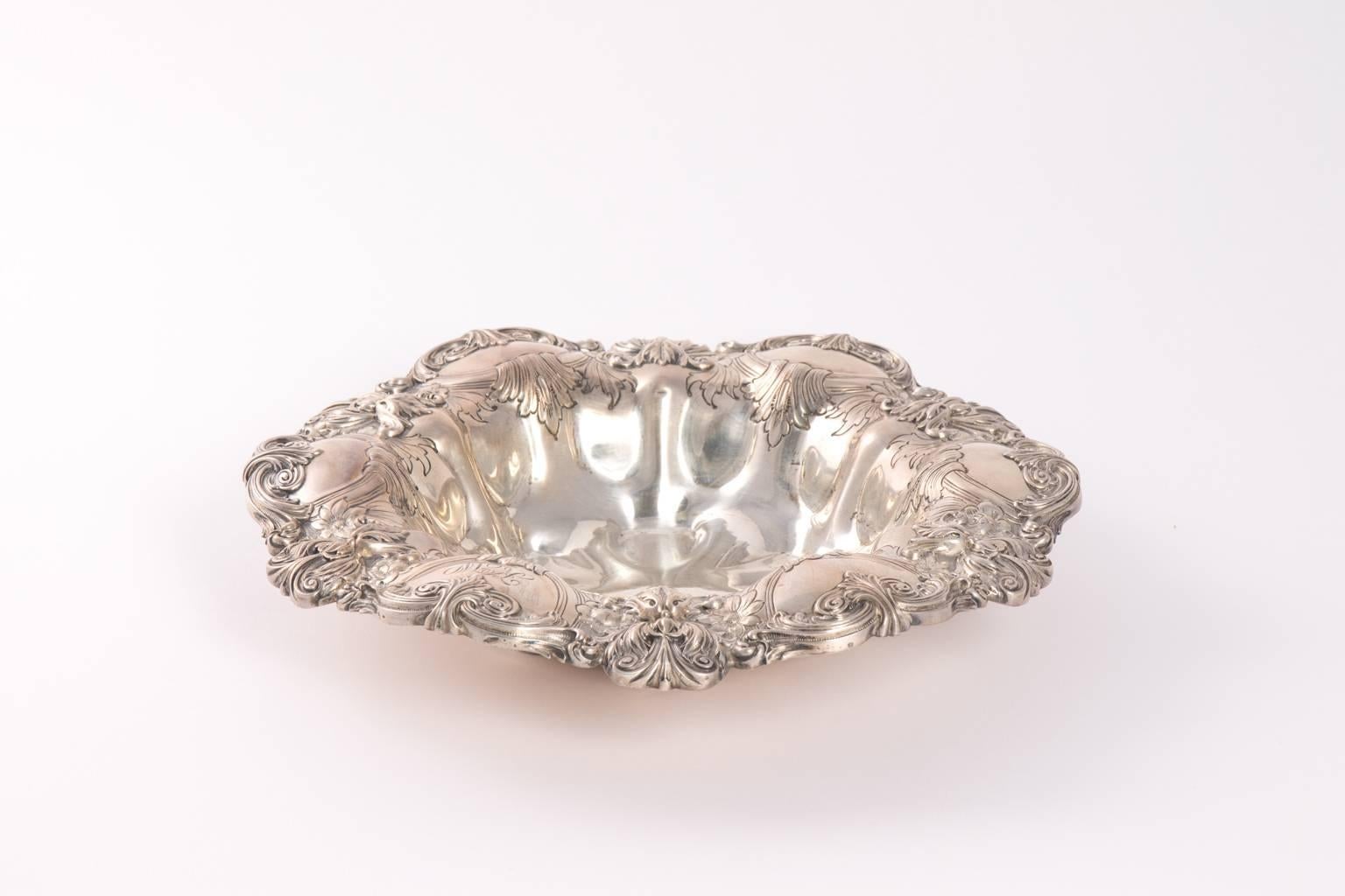 Dated 1907 sterling silver repoussé Gorham bowl, embellished with intricate floral pattern.
Period: 1890-1920
Styles: Victorian.
 