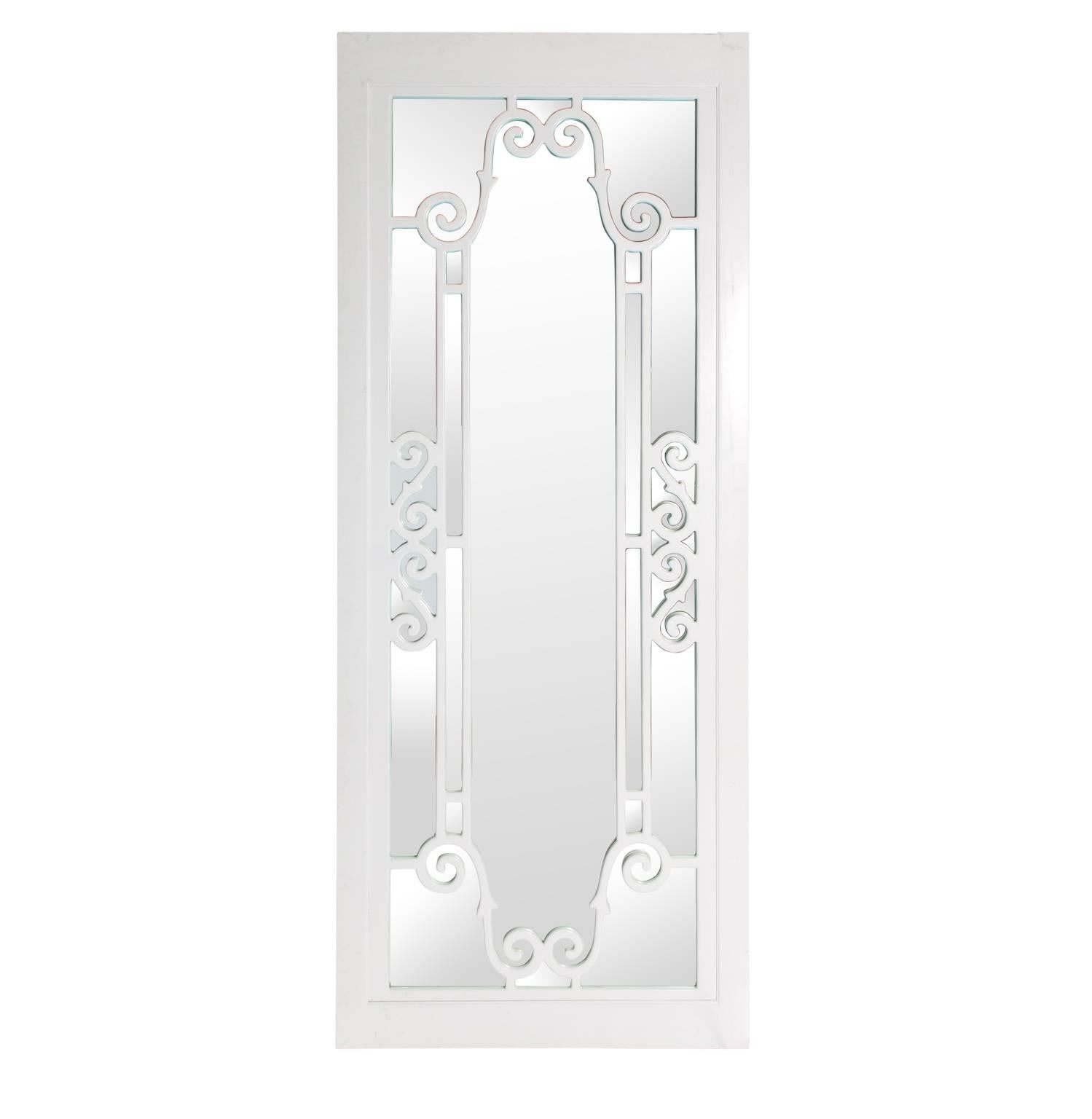 Pair of extra long white lacquered mirrors made out of vintage carved door frames.
 