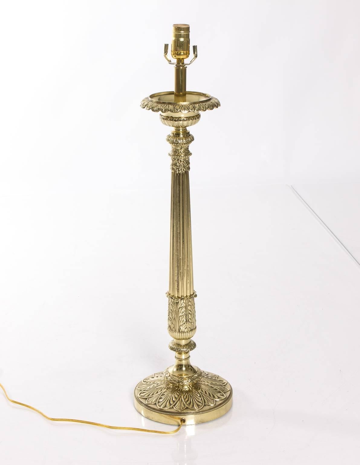 Empire Pair of English Brass Column Lamps