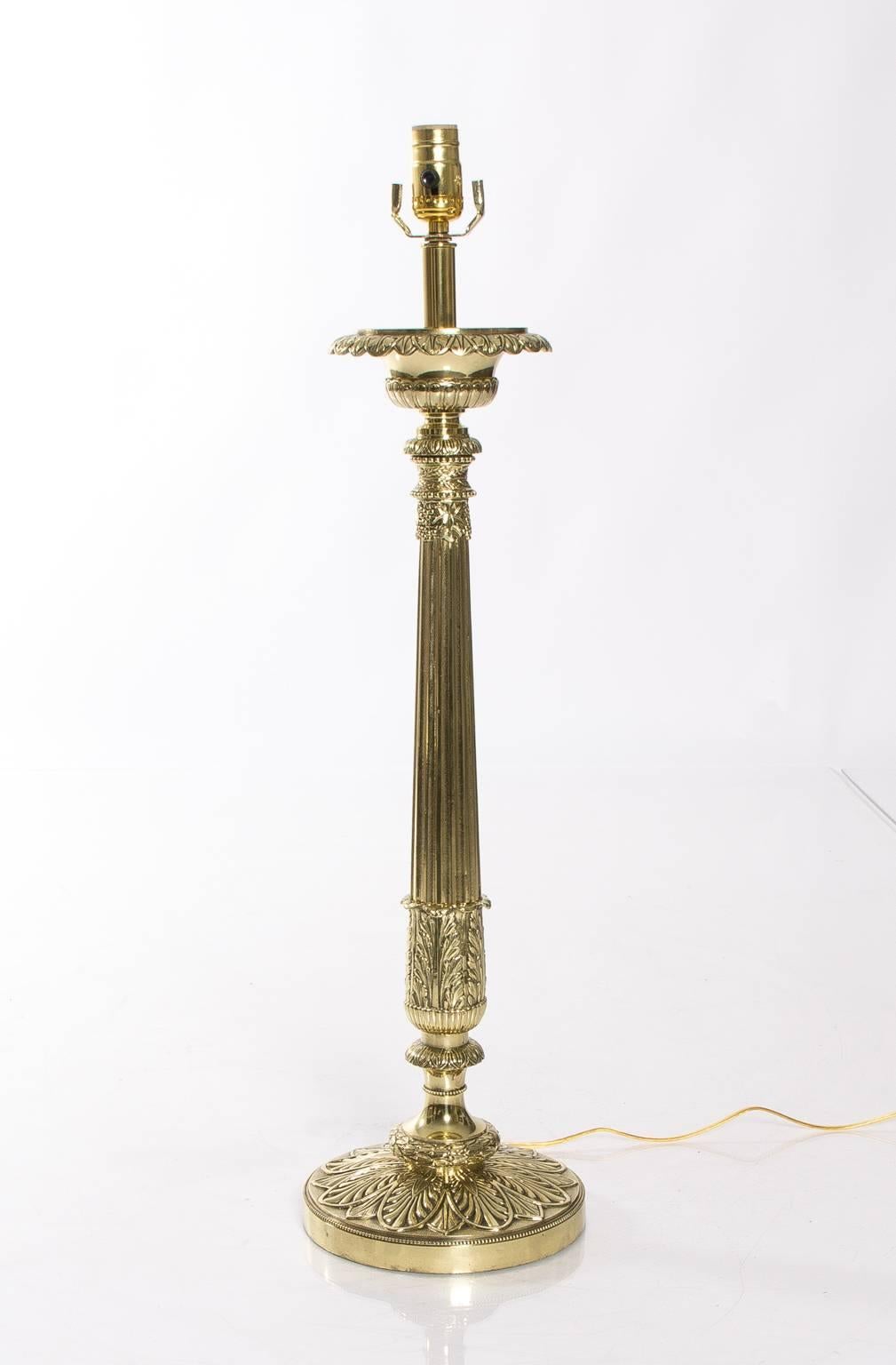 Pair of English Brass Column Lamps In Good Condition In Stamford, CT