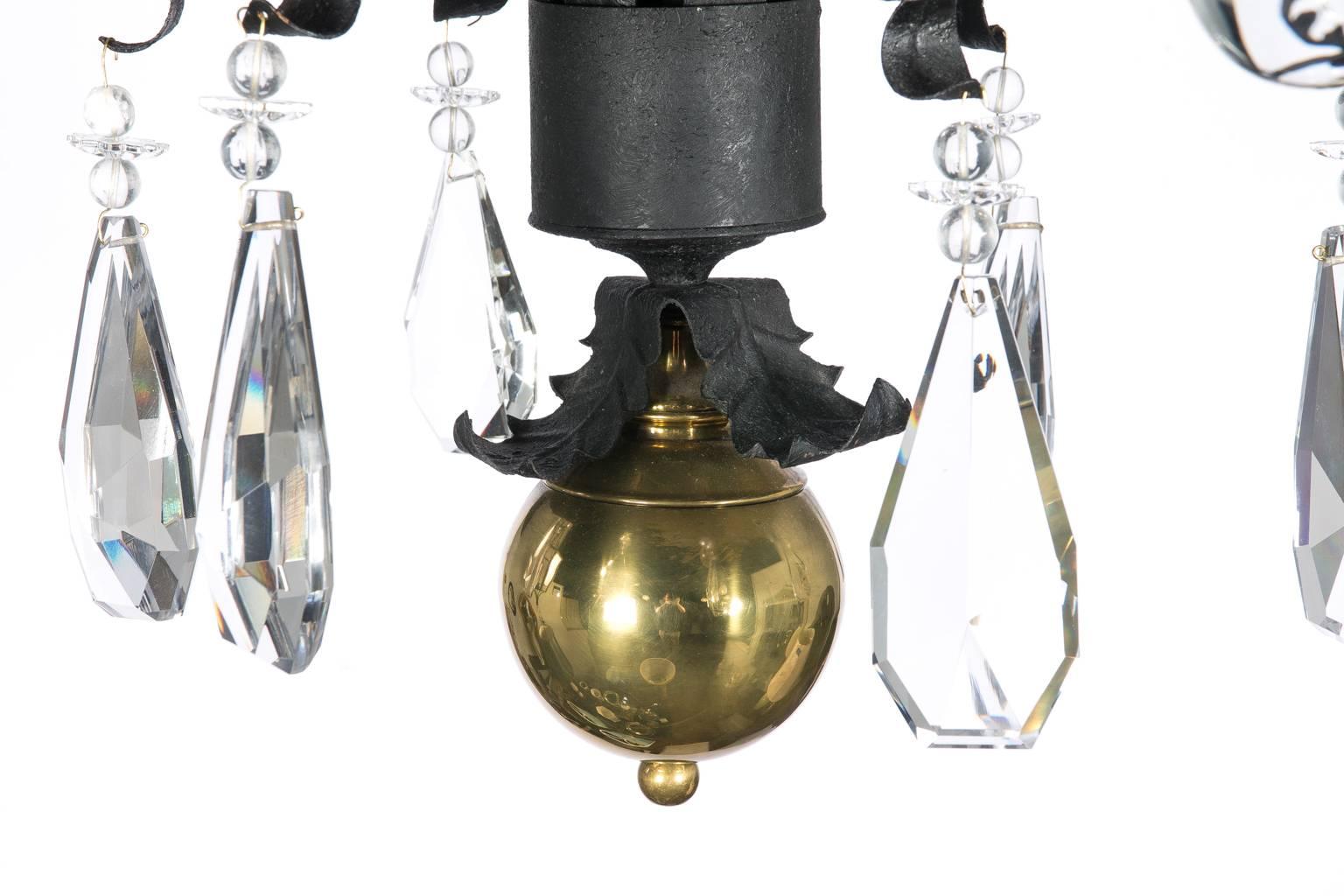 20th Century Black and Brass Chandelier with Crystal Drops For Sale