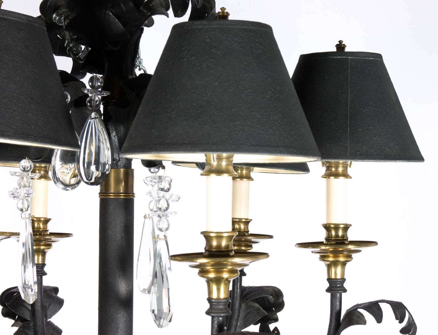 Iron Black and Brass Chandelier with Crystal Drops For Sale