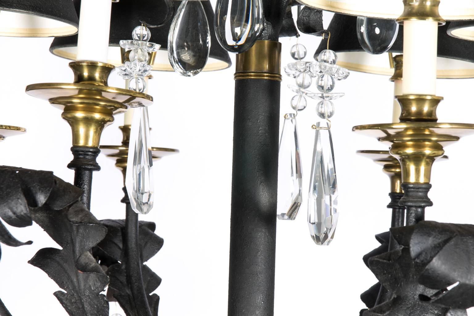 Black and Brass Chandelier with Crystal Drops For Sale 3