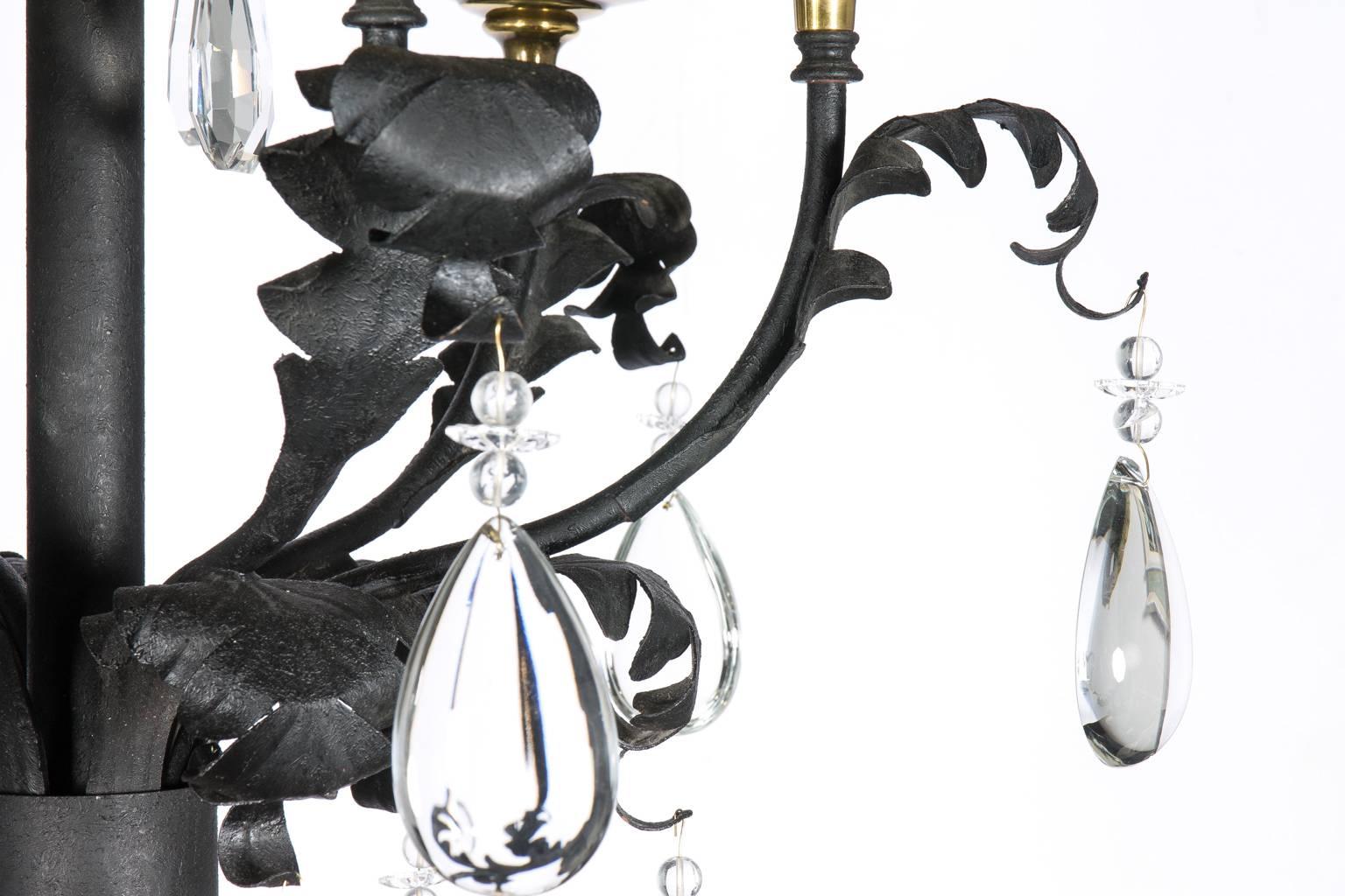 Black and Brass Chandelier with Crystal Drops For Sale 4