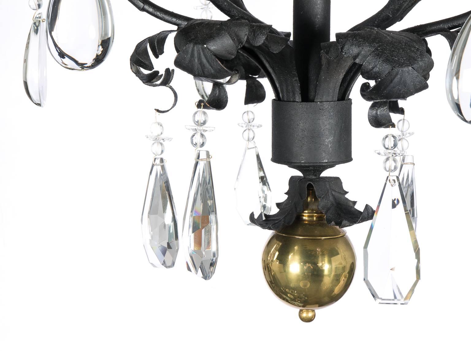 Black and Brass Chandelier with Crystal Drops For Sale 5