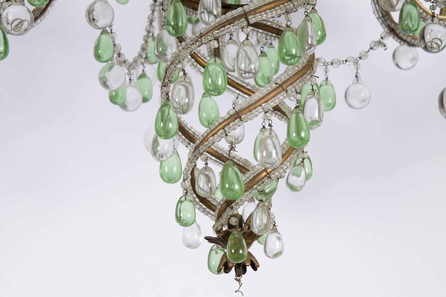 Green and White Six-Light Crystal Chandelier In Good Condition In Stamford, CT