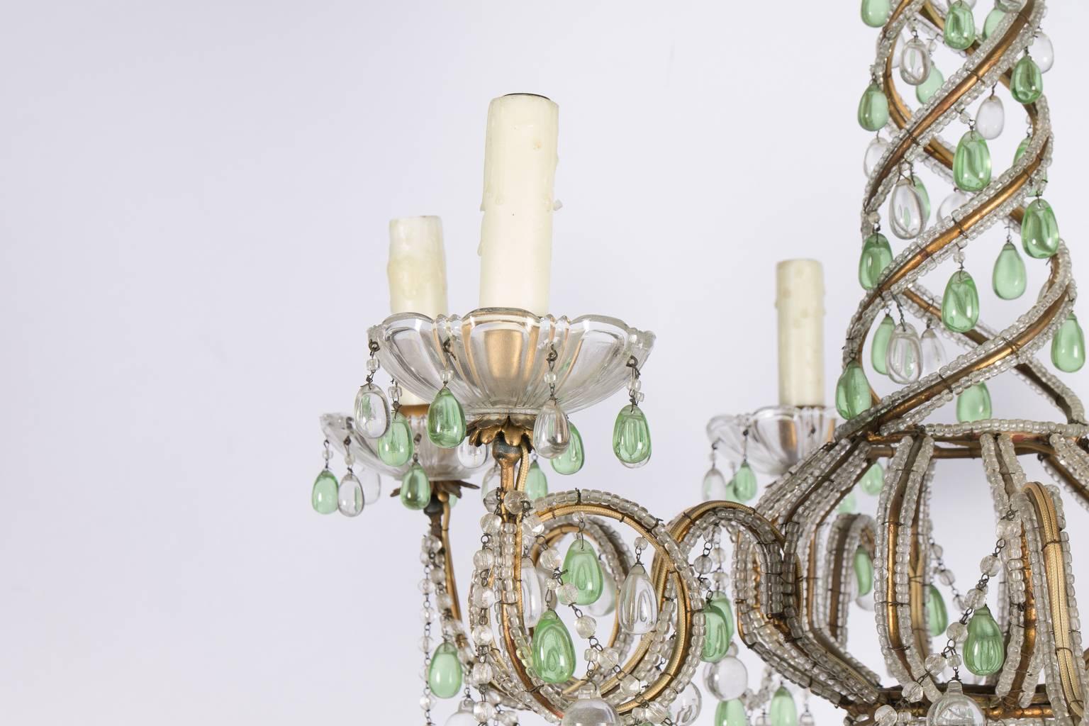 20th Century Green and White Six-Light Crystal Chandelier