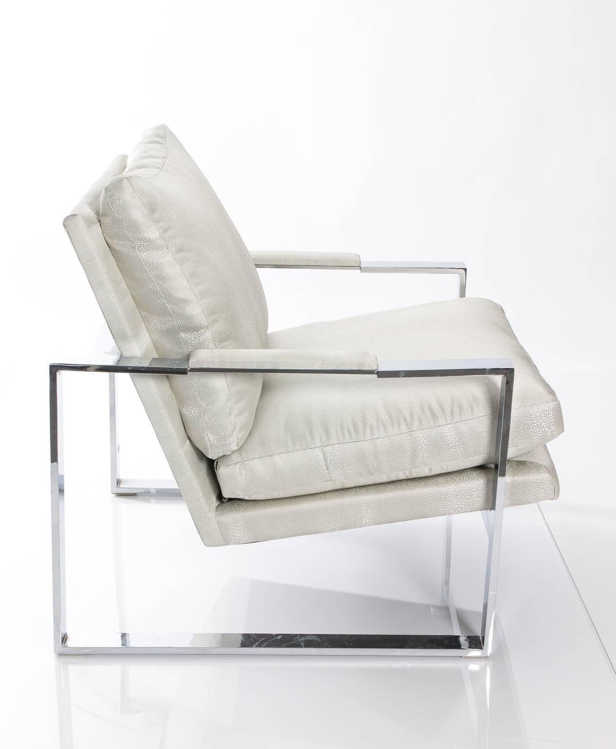 Pair of Milo Baughman upholstered chairs with chrome.
   