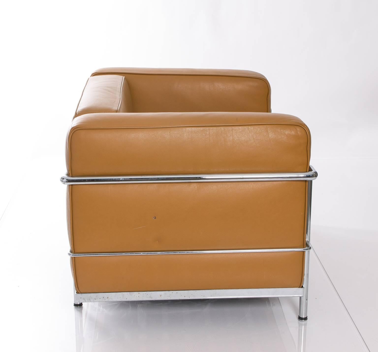 Pair of Corbusian Style lounge chairs in leather and chrome.
 