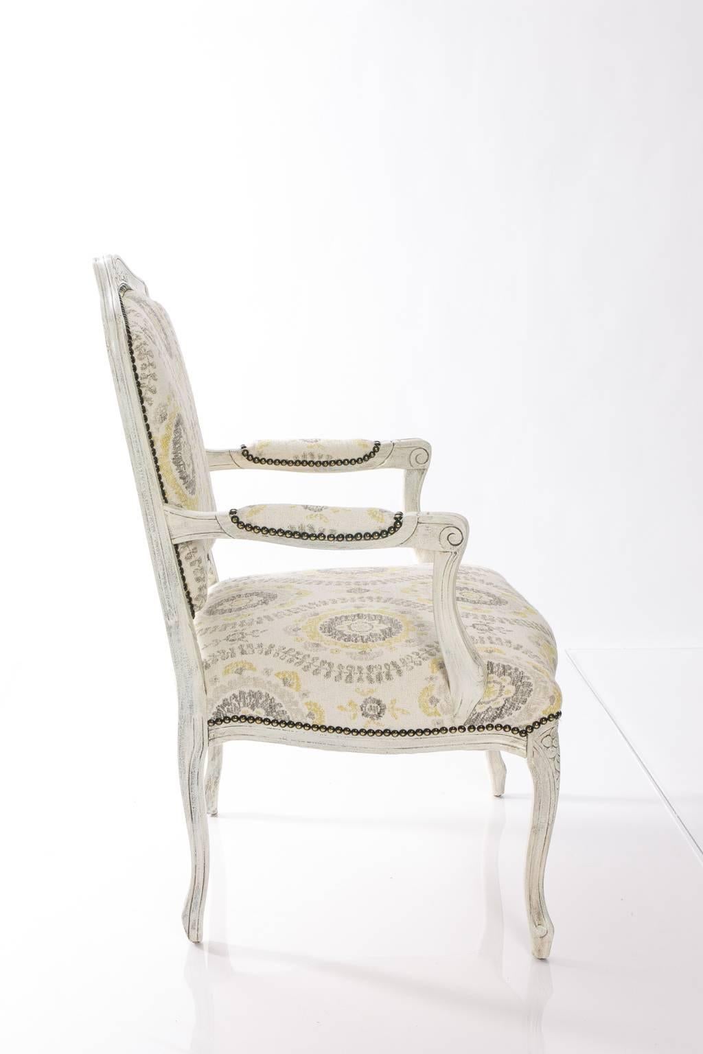 Louis XV Painted Open Armchair with Indian Flower Fabric
