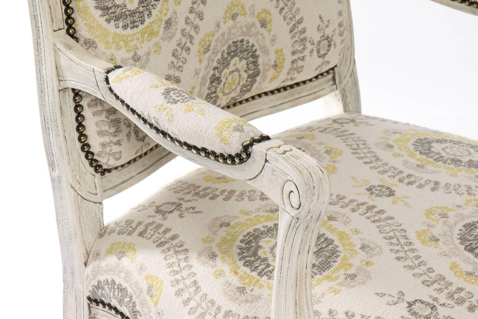 Painted Open Armchair with Indian Flower Fabric 1