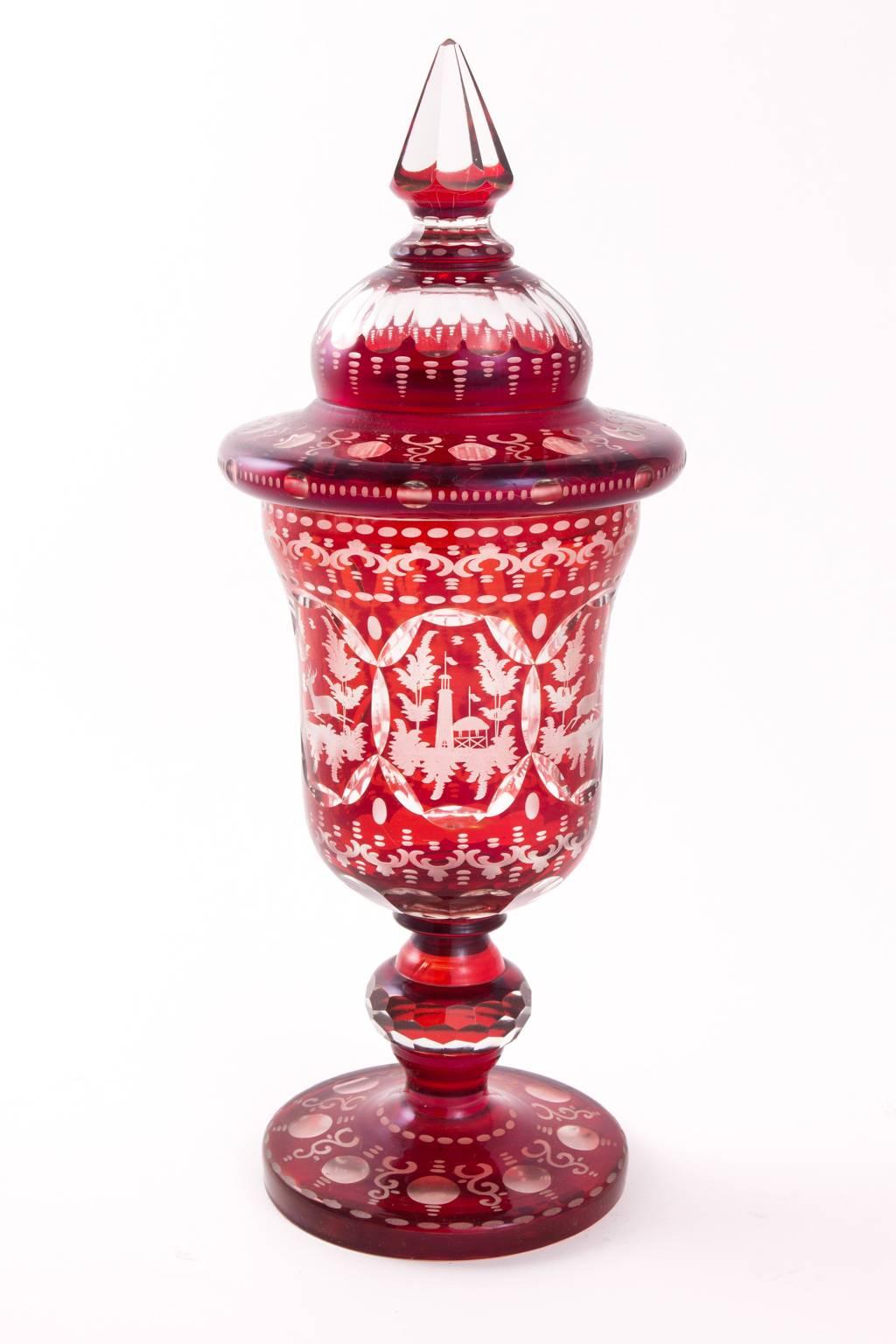 19th Century Bohemian Ruby Glass Urns In Excellent Condition In Stamford, CT