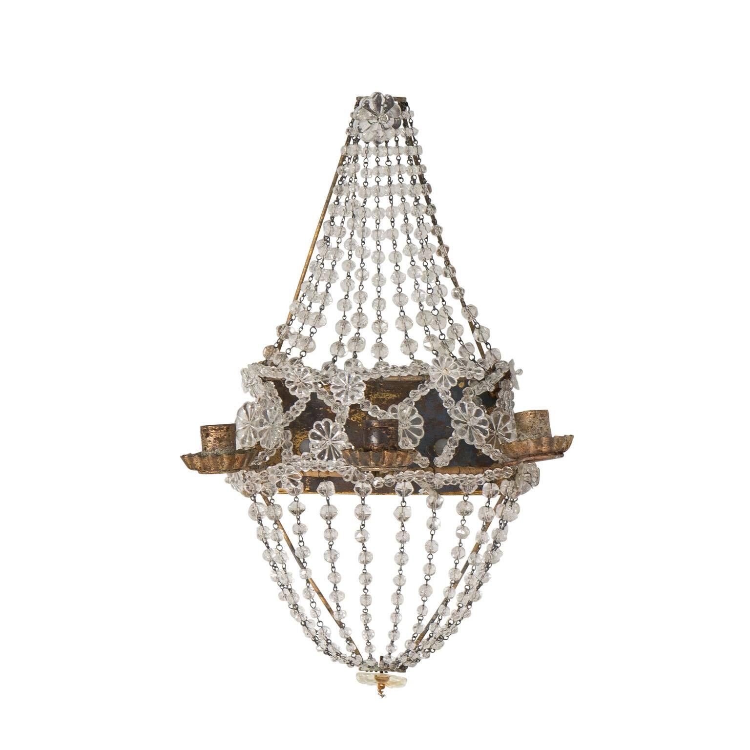 Pair of early 20th century Continental crystal beaded wall sconces.
 