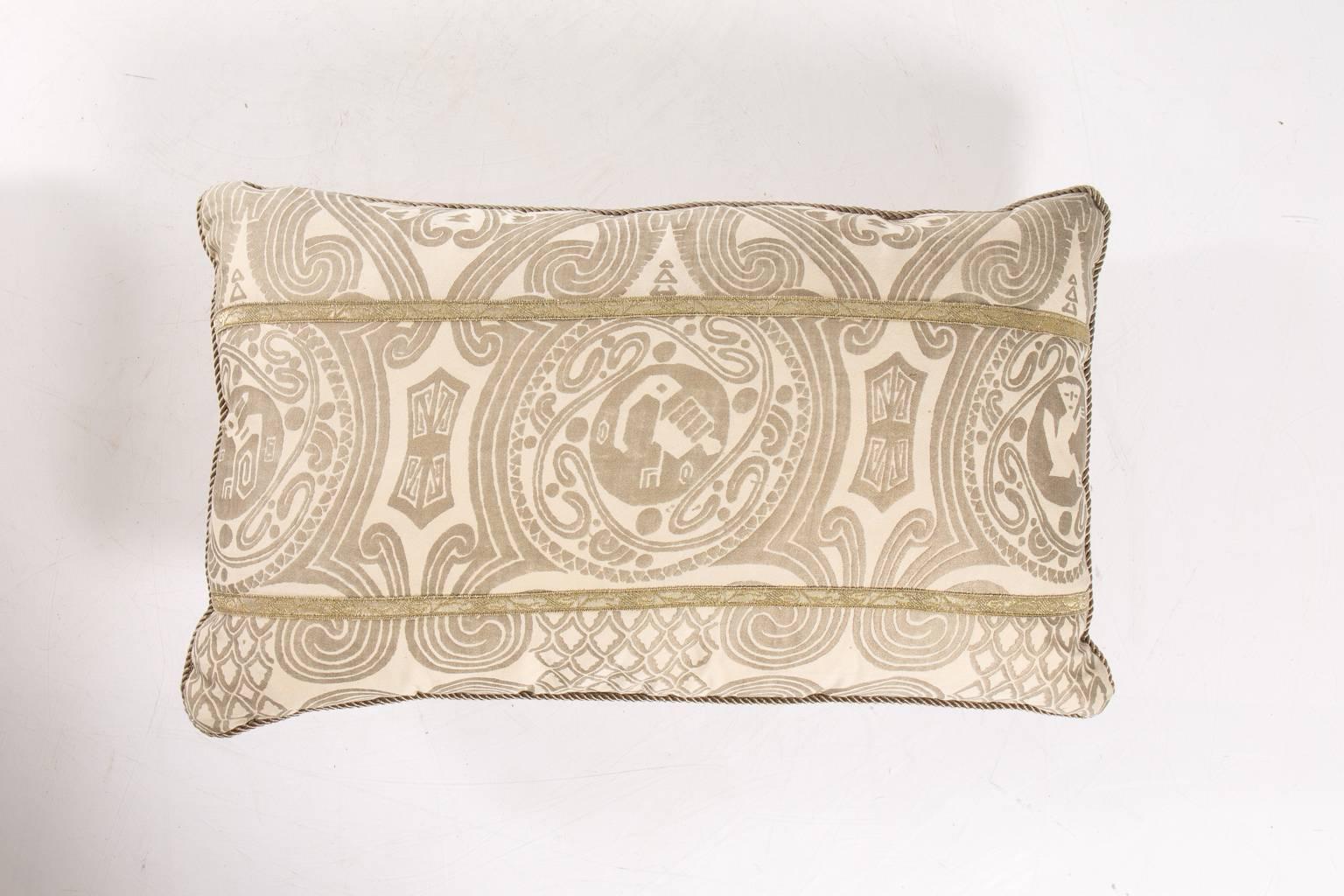Pair of crème and gold Fortuny fabric pillows with ultra-suede backing.
 