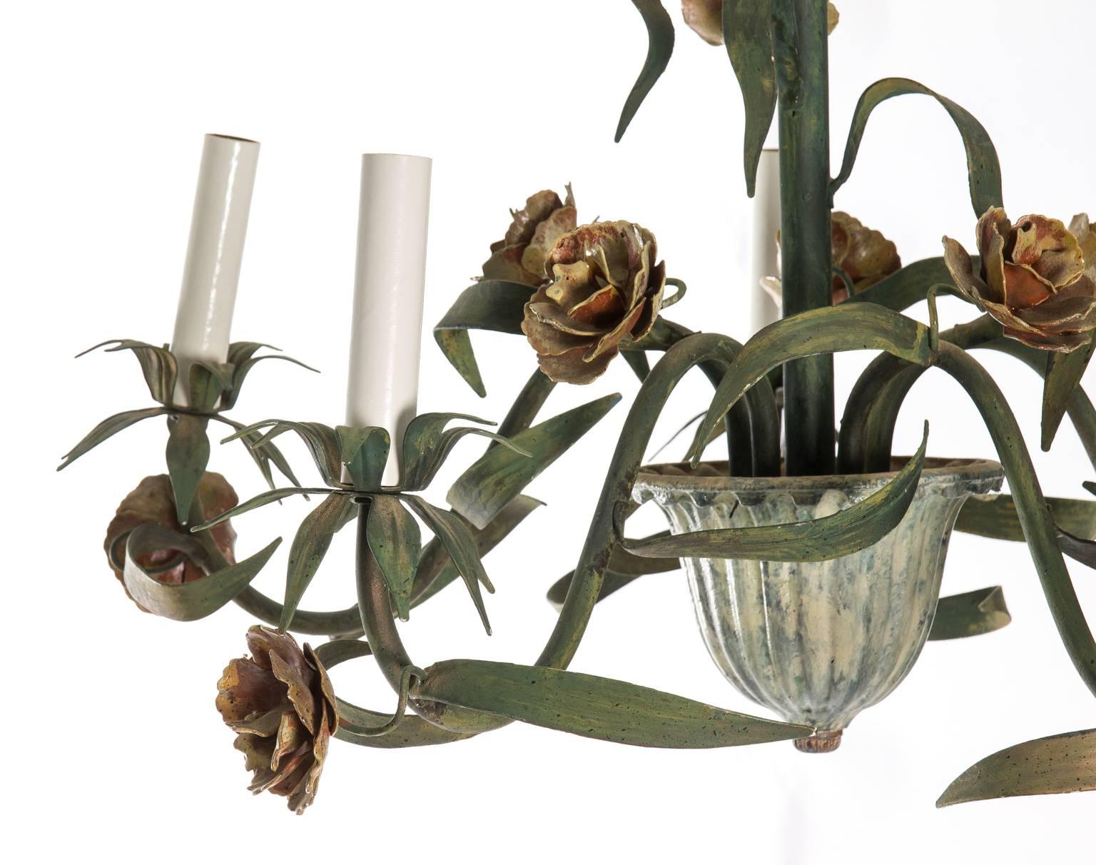 20th Century Italian Painted Metal Flower Chandelier For Sale