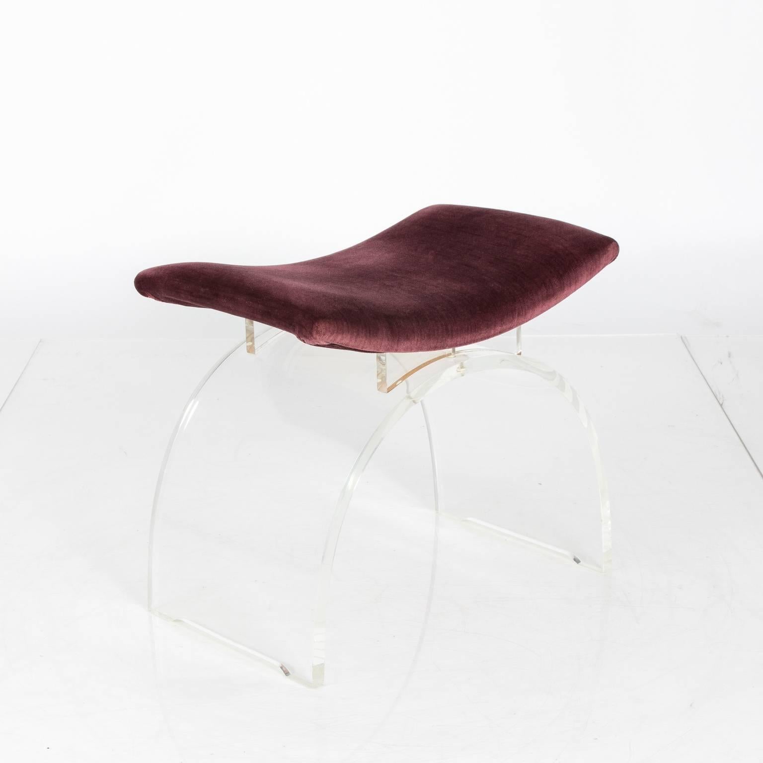 1970s curvy Lucite stool with upholstered seat.
 