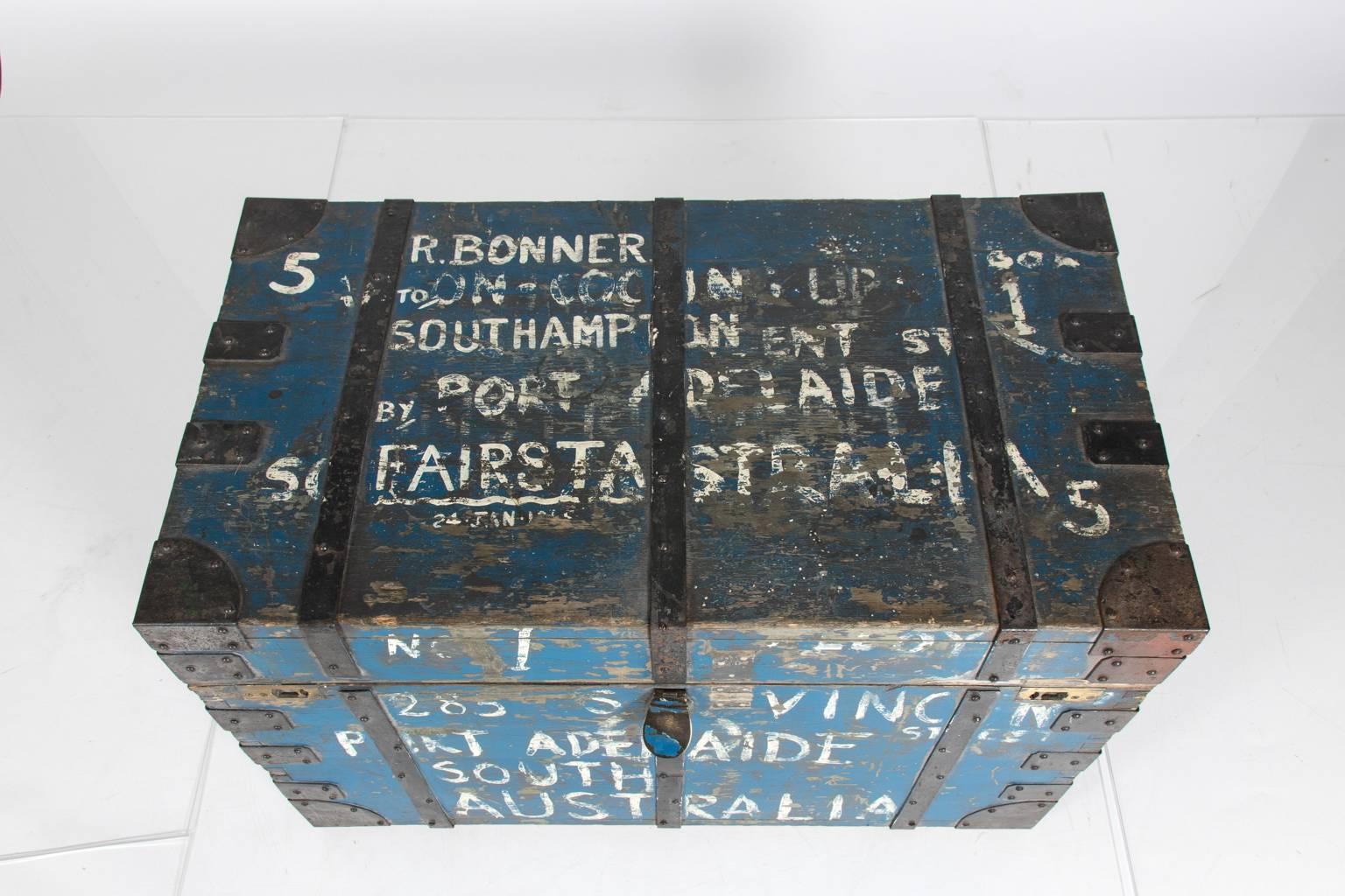 Painted iron-clad steamer trunk from Australia, circa 1880s.
 