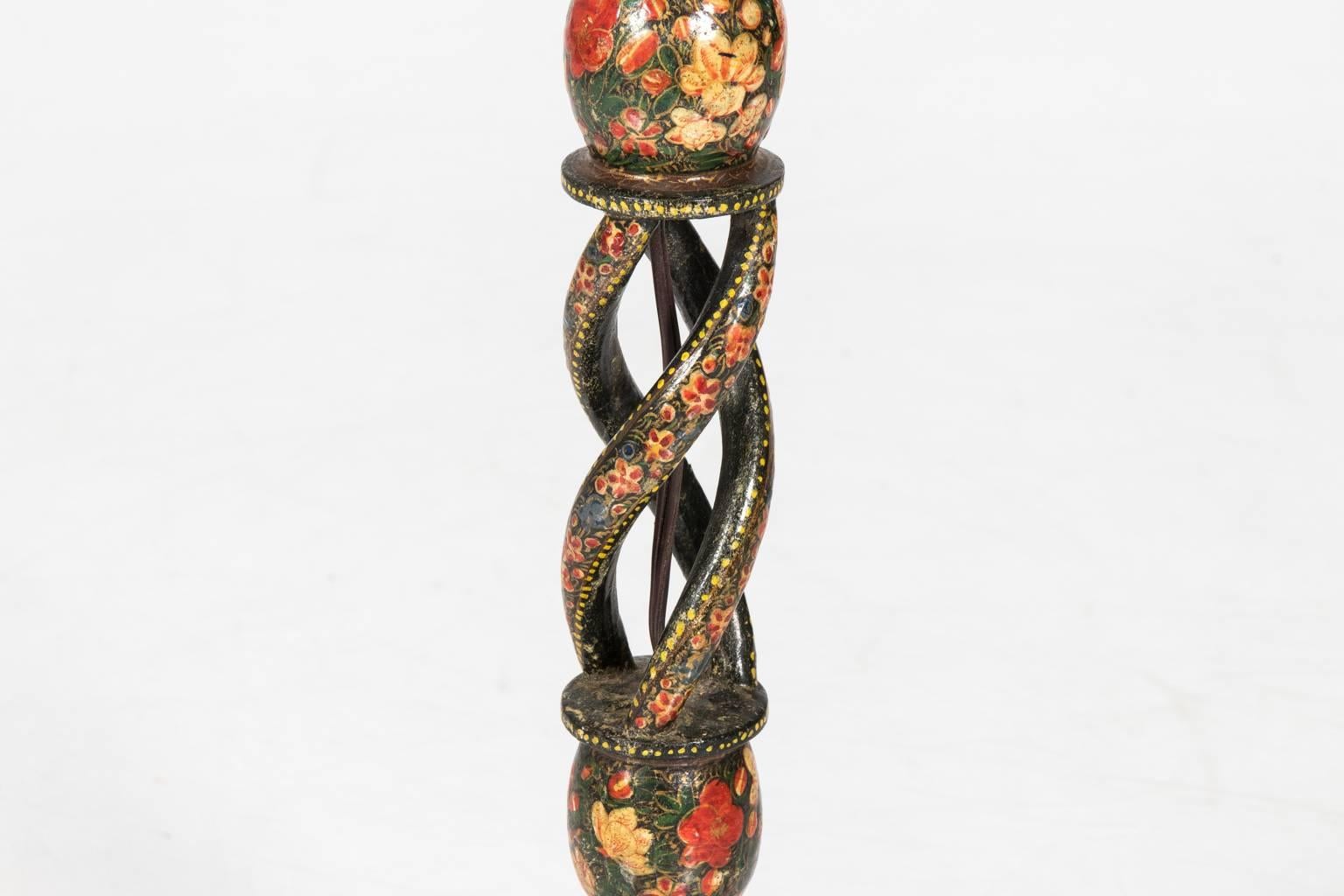 Pair of papier mâché and lacquered wood Kashmiri candlesticks.
 
