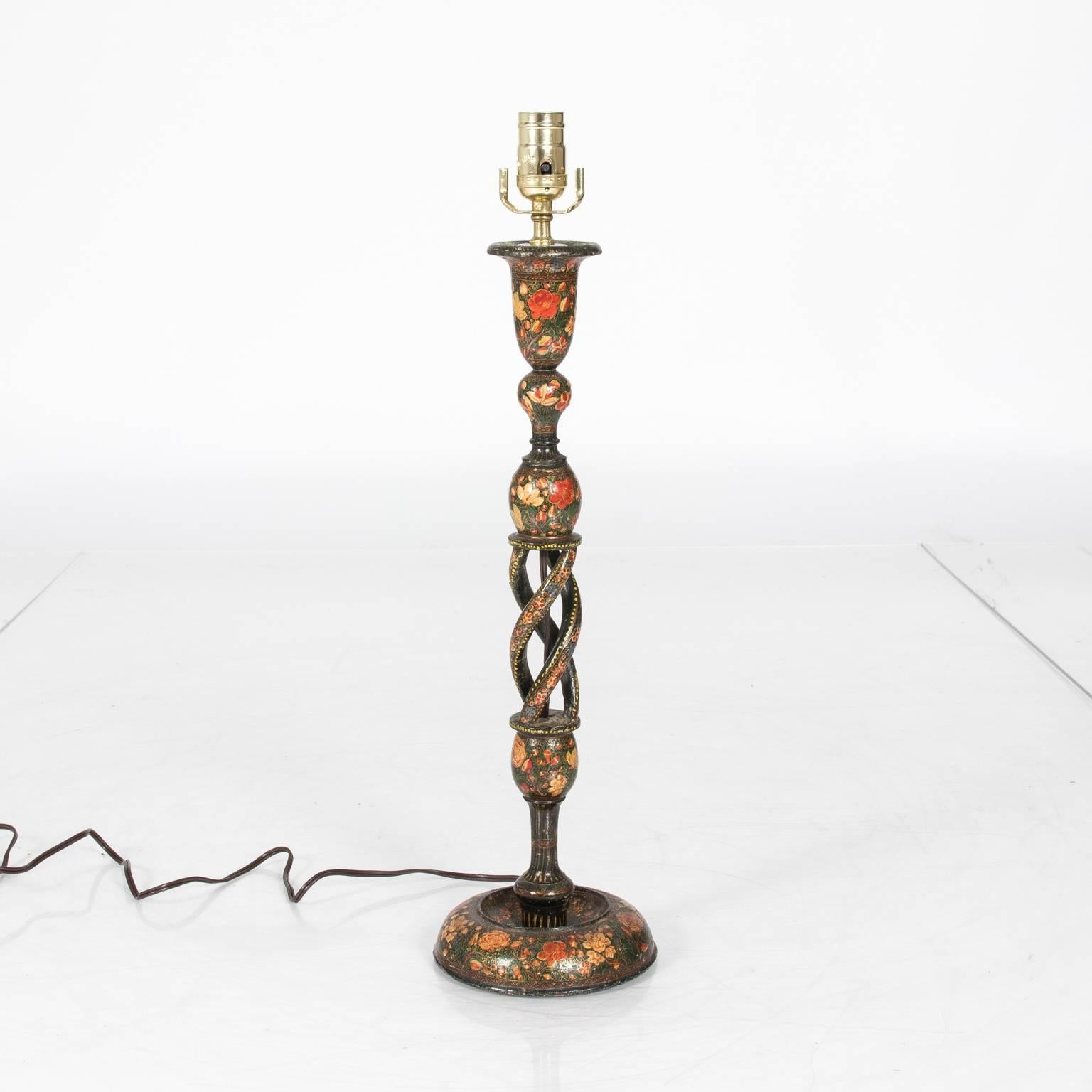 Lacquered Pair of Kashmiri Candlestick Lamps